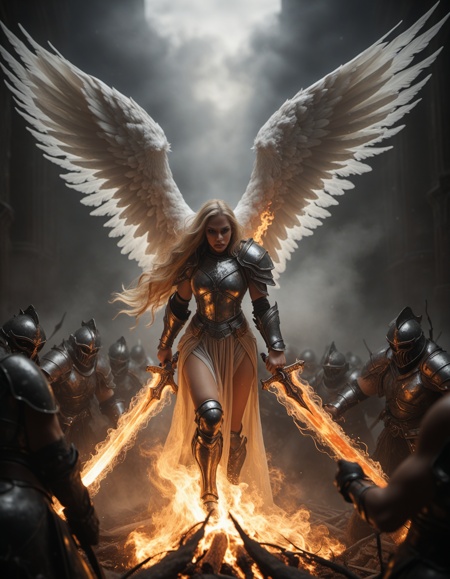 POV,  crowded battle between good and evil, (fog, fire, chaos), 1girl, cute, angel, combat pose, ready to fight, big sword of fire on hand, enormous  wings, blonde long hair,  photography, cinematic, bokeh, dark background, (dynamic pose, action),  intense light behind