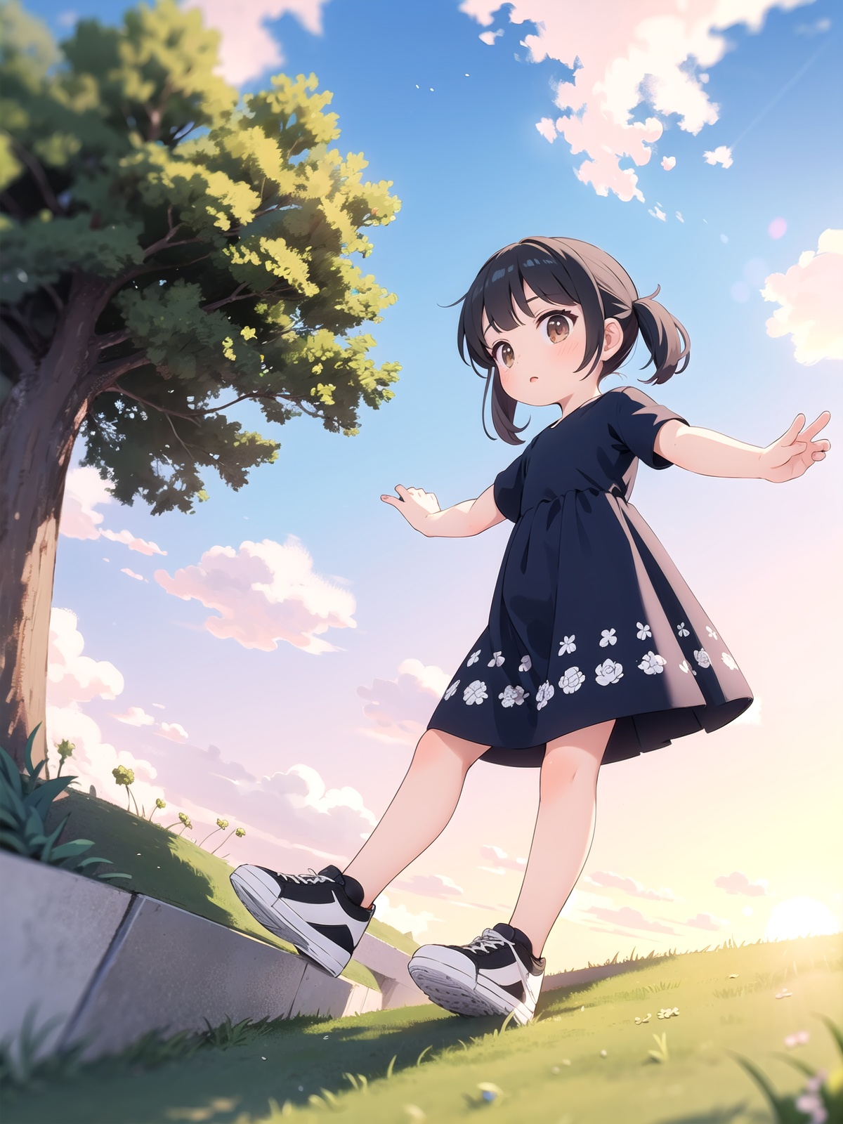 (best quality),((masterpiece)),((cute 1 girl:1.2)),(child,8 years old:1.4),low twintails,hair,solo,outdoors,cloud,black hair,dress,white footwear,red sky,shoes,short sleeves,sneakers,looking at viewer,brown eyes,white dress,full body,(dynamic pose:1.3),day,cloudy sky,floral print,bangs,blue sky,grass,blush,tree,closed mouth,city,from below,running,