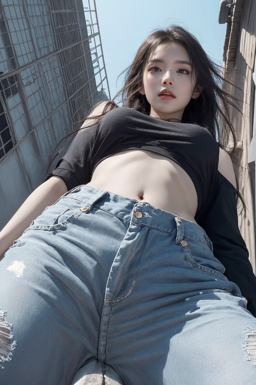 masterpiece, best quality, masterpiece,best quality,official art,extremely detailed CG unity 8k wallpaper,woman, (((from below))), busy city, foreshortening, (seductive pose), looking at viewer, mad, blackcutoffs, (eye contact), african,  photorealistic, masterpiece, realistic, high contrast, hyper detailed, best quality, ultra high res, photorealistic, high resolution, detailed, raw photo, <lora:povsitting:0.8>