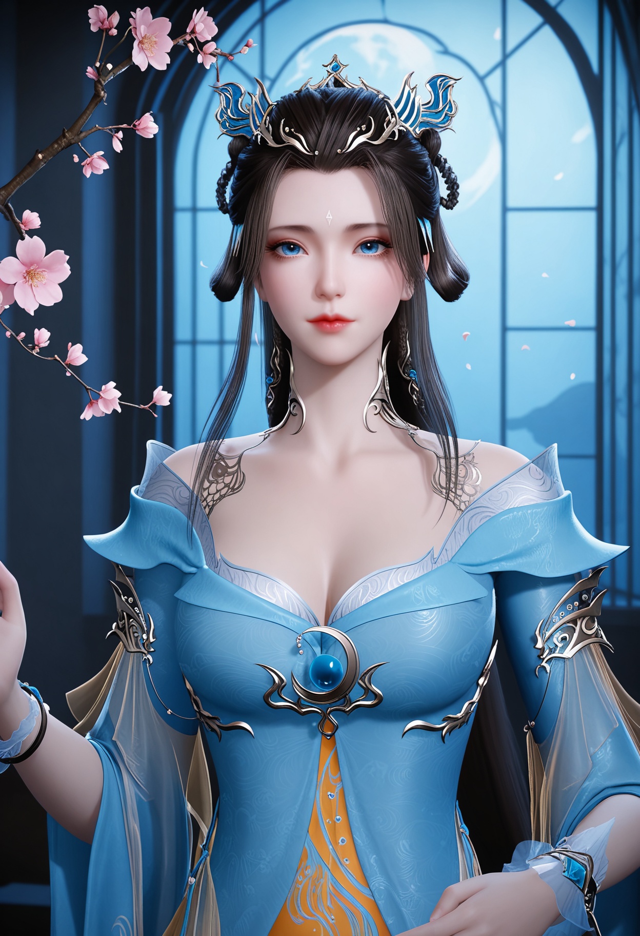 (upper_body:1.2),(gigantic breasts:0.7),(looking at viewer:1.1),facing viewer,direct gaze,(masterpiece:1.1),(best quality:1.2),(intricate details),(smog:1.3),(Dark room:1.3),(dim lighting:1.3),peach blossom,falling petals,<lora:YQ_Illustrious光辉v5_侯烟岚_V1:0.8>,1girl,q1528437228,solo,long hair,hair ornament,dress,black hair,jewelry,blue eyes,hair rings,hair bun,earrings,forehead mark,brown hair,bracelet,masterpiece,(best quality),(intricate details:0.9) BREAK (intricate details:0.9),(realistic skin:1.2),masterpiece,best quality,newest,absurdres,hiahres,