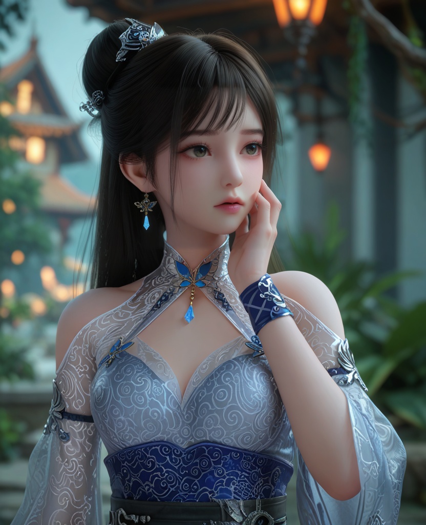 (oriental architecture, elegant decor, sophisticated style:1.1),(hands on cheek:1.1),(breasts:1.2),<lora:XL百炼成神紫极阴体小玉:0.95>,miss xiaoyu,black hair,dress,long hair,jewelry,earrings,bare shoulders,hair ornament,hair bun,blue dress,clothing cutout,sash,, zPDXL2, score_9, score_8_up, score_7_up BREAK realistic, masterpiece,best quality, highly detailed,, zPDXL3, zPDXL2,zPDXL, zPDXLxxx, zPDXLrl,
