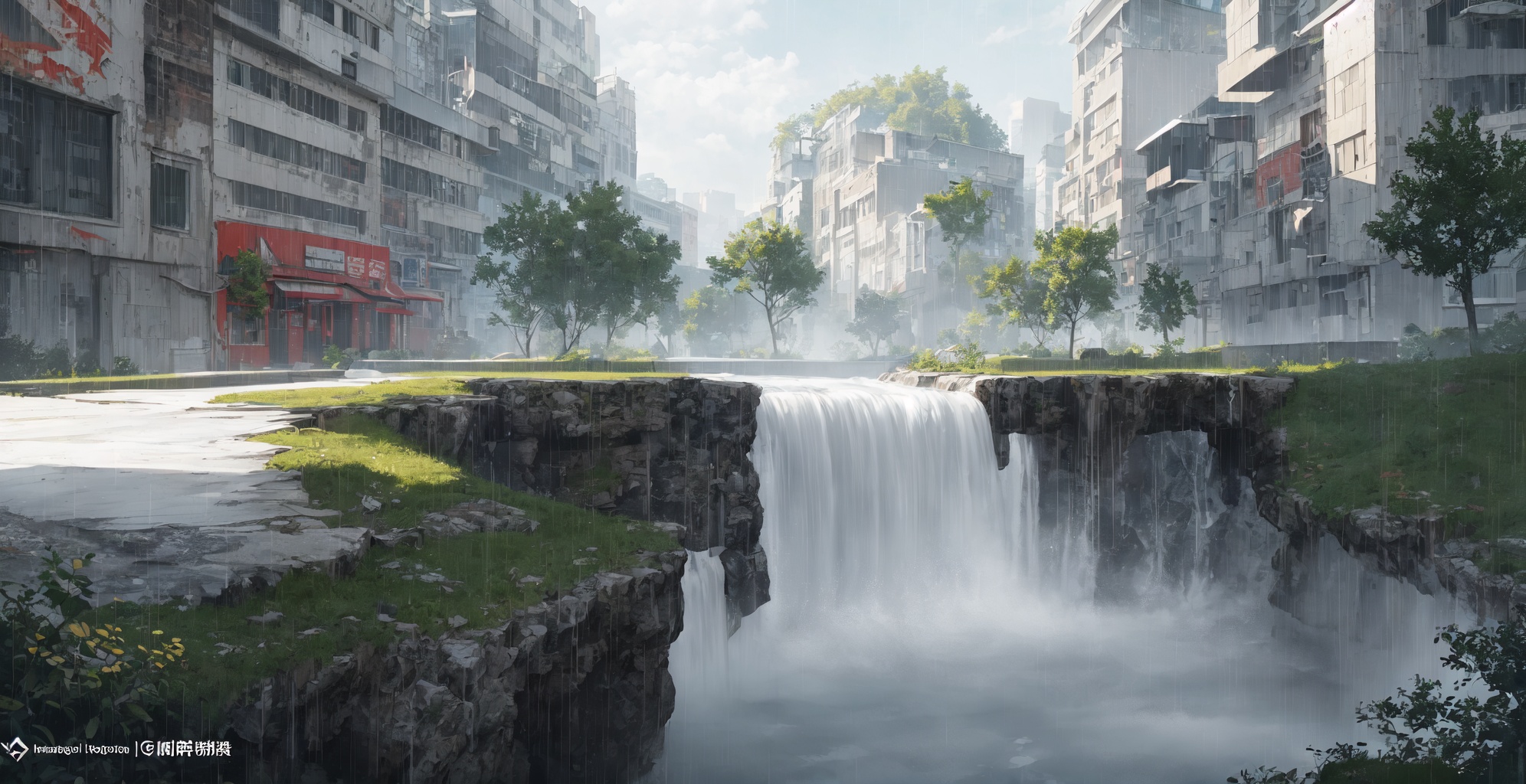 <lora:Chinese CG scene_v1:1>,HD,cg,Chinese CG scene,unreal 5 engine,floating island,abg,there is a waterfall left in the middle,rain, <lora:20231201-1701409019140:0.45>street