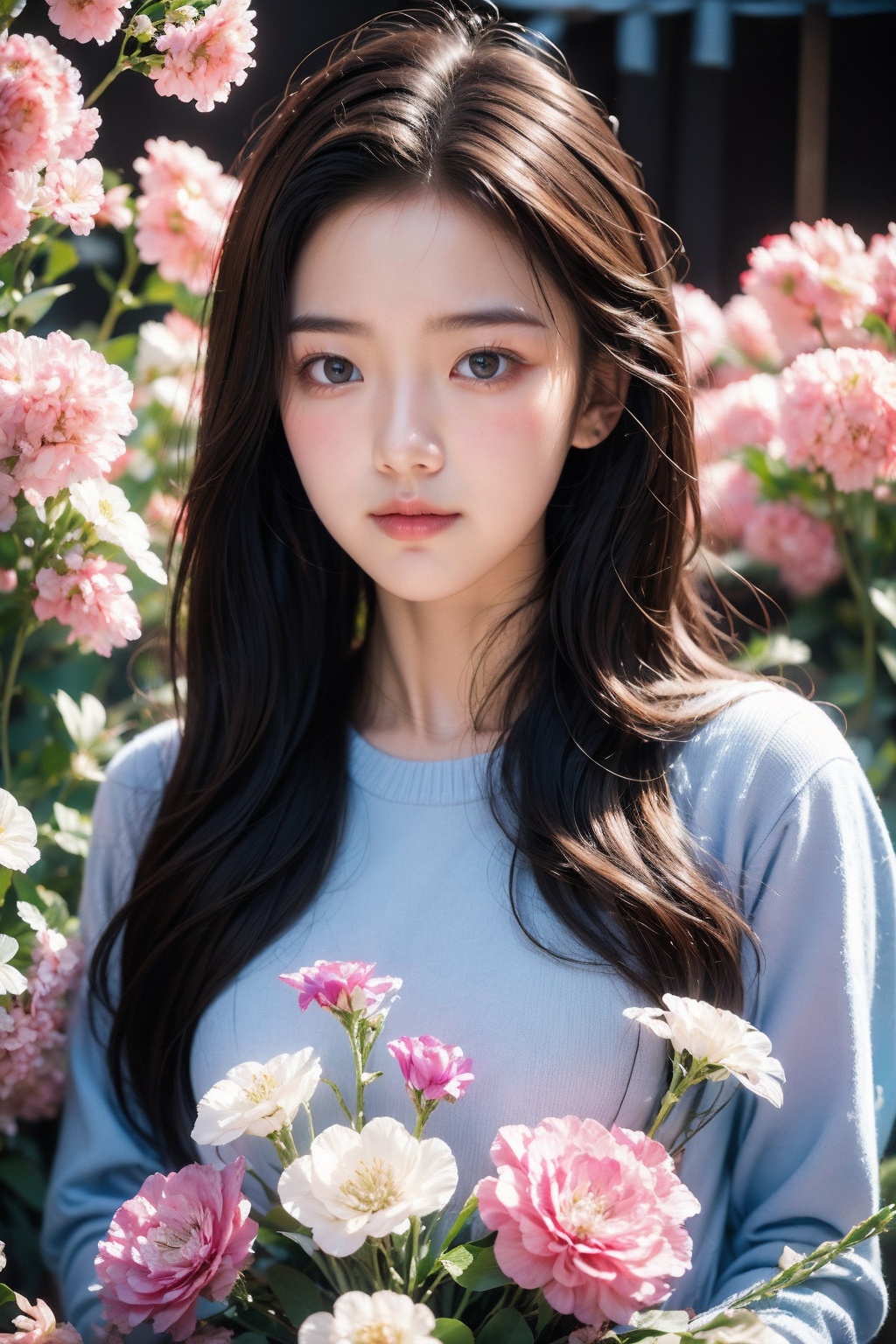 18 y.o girl,portrait,dress,flower background,<lora:Again_Style:0.8>,<lora:Again_Girl_A14I:1>