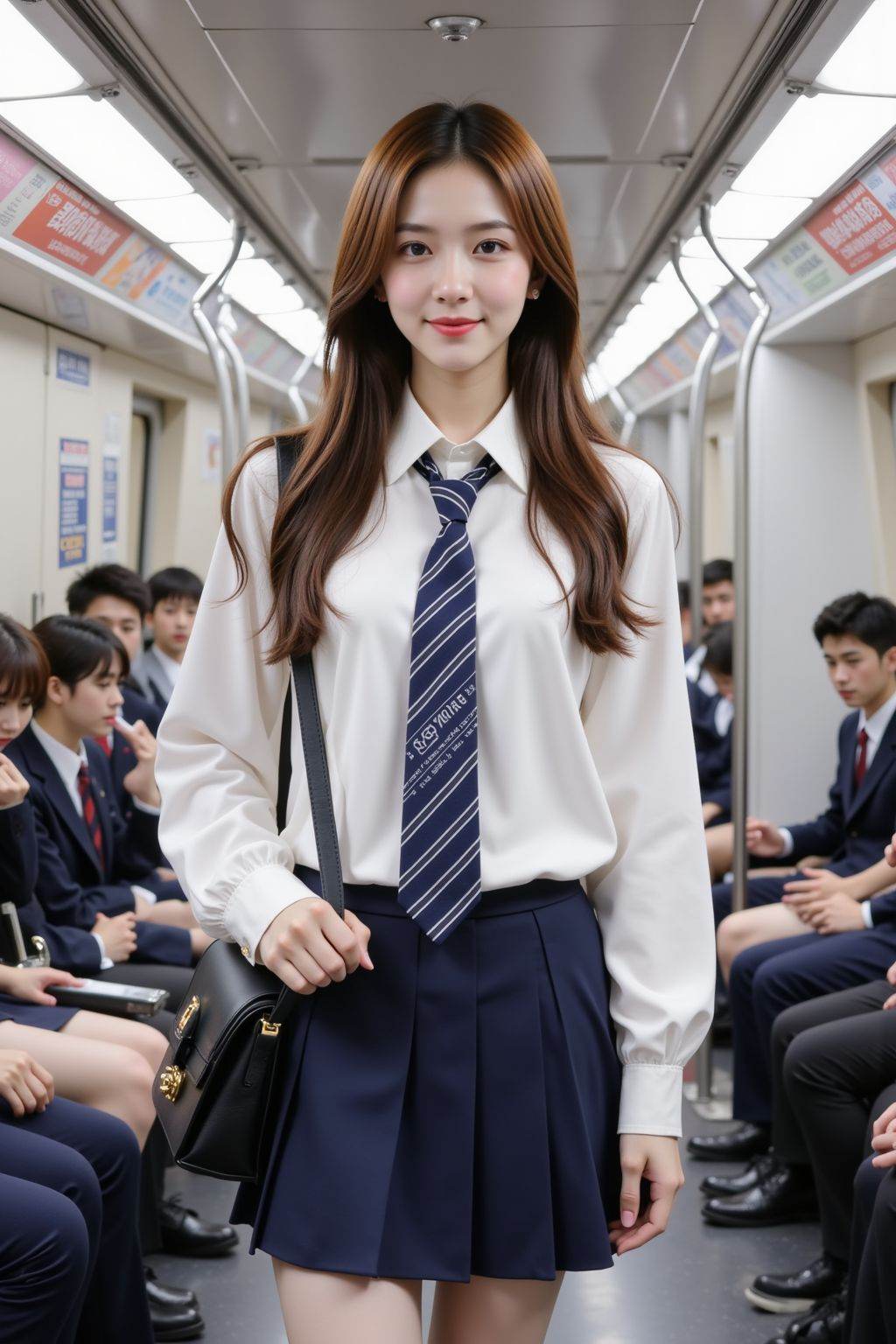 The image shows a young woman standing in what appears to be a train or subway carriage. She is wearing a white blouse with long sleeves and a striped tie, paired with a navy blue pleated skirt. She has a black shoulder bag and is holding the strap with one hand. Her hair is long and straight, and she is looking directly at the camera with a slight smile. In the background, there are other passengers seated, some of whom are also wearing school uniforms. The carriage is well-lit, and there are signs and advertisements visible on the walls. The overall setting suggests a public transportation environment.