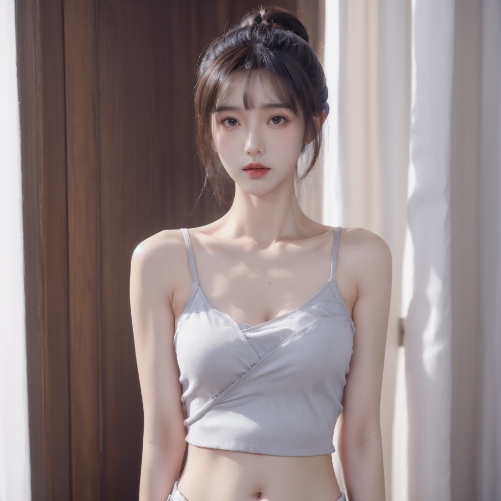 1girl,arms_behind_back,black_hair,breasts,brown_eyes,collarbone,curtains,hair_bun,lips,looking_at_viewer,mole,realistic,solo,standing(bellyband:1.3),<lora:20231109-1699510907344:0.6>