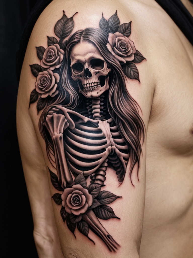 tattoo,  tattoo style,  The skeleton has long flowing hair on Tensor.Art