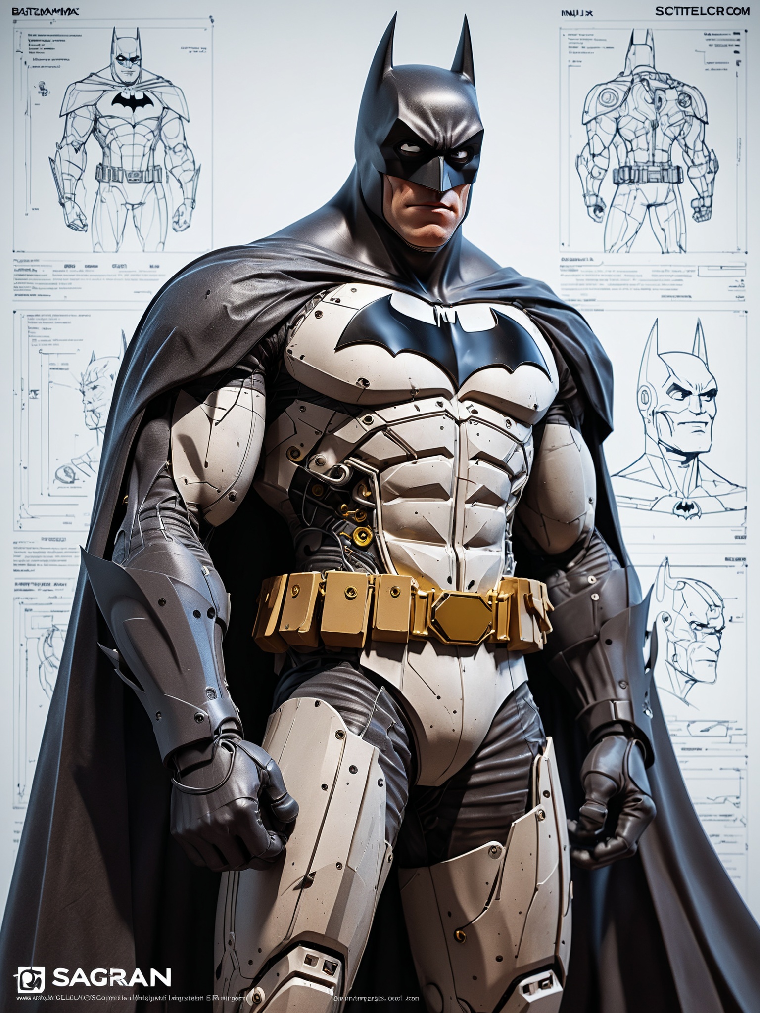 poster of a mechanical dc comics character batman,  by sagrav technical Schematics viewed from front and side view on ligh...