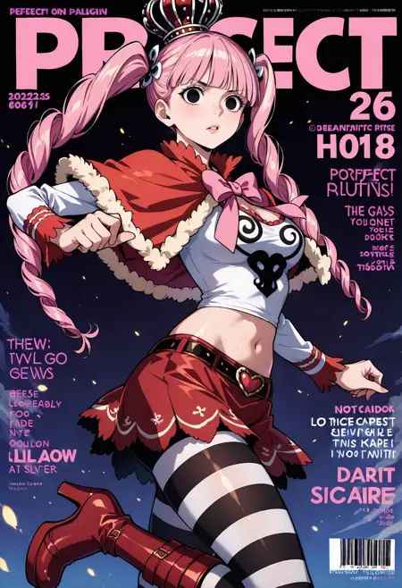 <lora:add-detail-xl:1>,masterpiece,best quality,absurdres,highres,detailed eyes,beautiful,detailed background,perfect eyes,realistic,solo,magazine cover,fake magazine cover,english text,cover,fake cover,price,cover page,text focus,barcode,dated,cowboy shot,dynamic pose,<lora:Perona_1:1>,1girl,long hair,blunt bangs,twin drills,pink hair,bangs,drill hair,twintails,crop top,crown,striped,midriff,boots,skirt,striped pantyhose,thighhighs,breasts,black eyes,capelet,alternate legwear,red skirt,striped thighhighs,miniskirt,red capelet,red footwear,medium breasts,pantyhose,shirt,high heels,fur trim,bow,long sleeves,