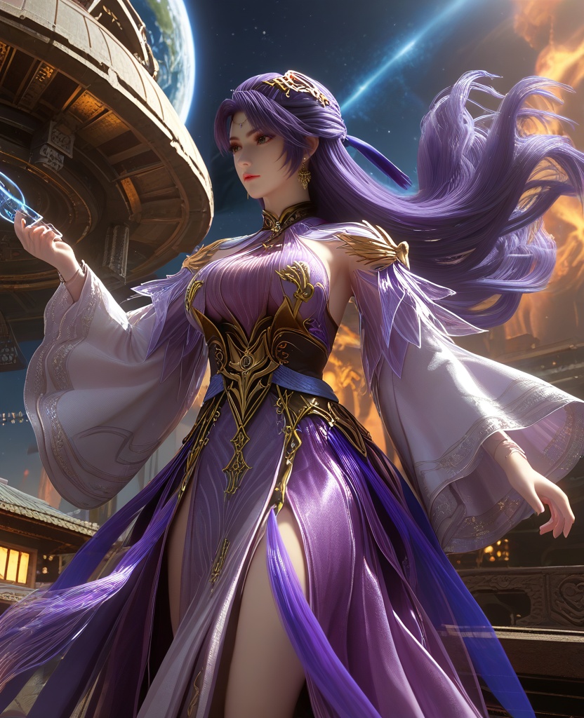 (floating in the air,in a spaceship, gravityless space:1.1),(large breasts:1.2),<lora:XL16云深不知梦叶青梧:0.95>,miss yeqingwu,violet panel dress,purple hair,half-up ponytail style,long hair,hair ornament,earrings,jewelry,wide sleeves,sash,, score_9,score_8_up,score_7_up,score_6_up,score_5_up,score_4_up,3d rendering,tag1,tag2, Cinematic Lighting,backlighting,