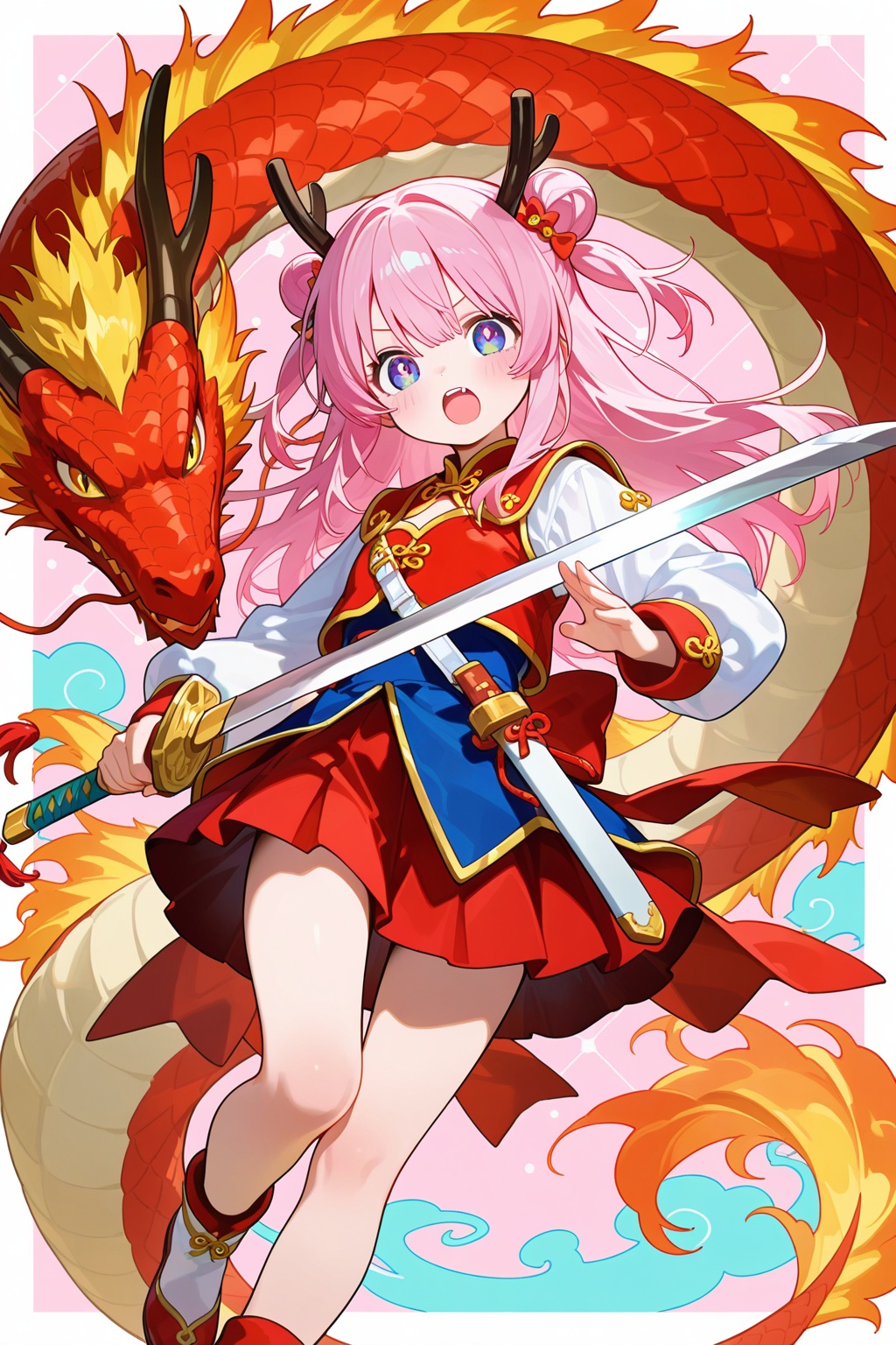 one dragon,1girl,kawaii,holding a sword,