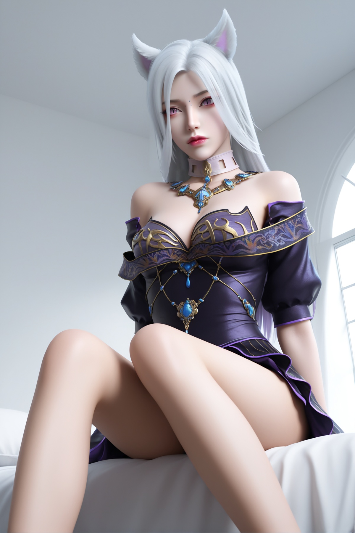 masterpiece,best quality,realistic,cinematic,detail eyes,(ultra-detailed),perfect composition,intricate details,absurdres,detailed face,high quality,high res,8K,<lora:X_humiao_IL4.0:0.8>,white hair,purple eyes,facial mark,1girl,long hair,breast,medium breast,hair_ornament,dress,bare_legs,sitting,bed,simple background,white_background,window,purple_dress,animal_ears,slit pupils,makeup,