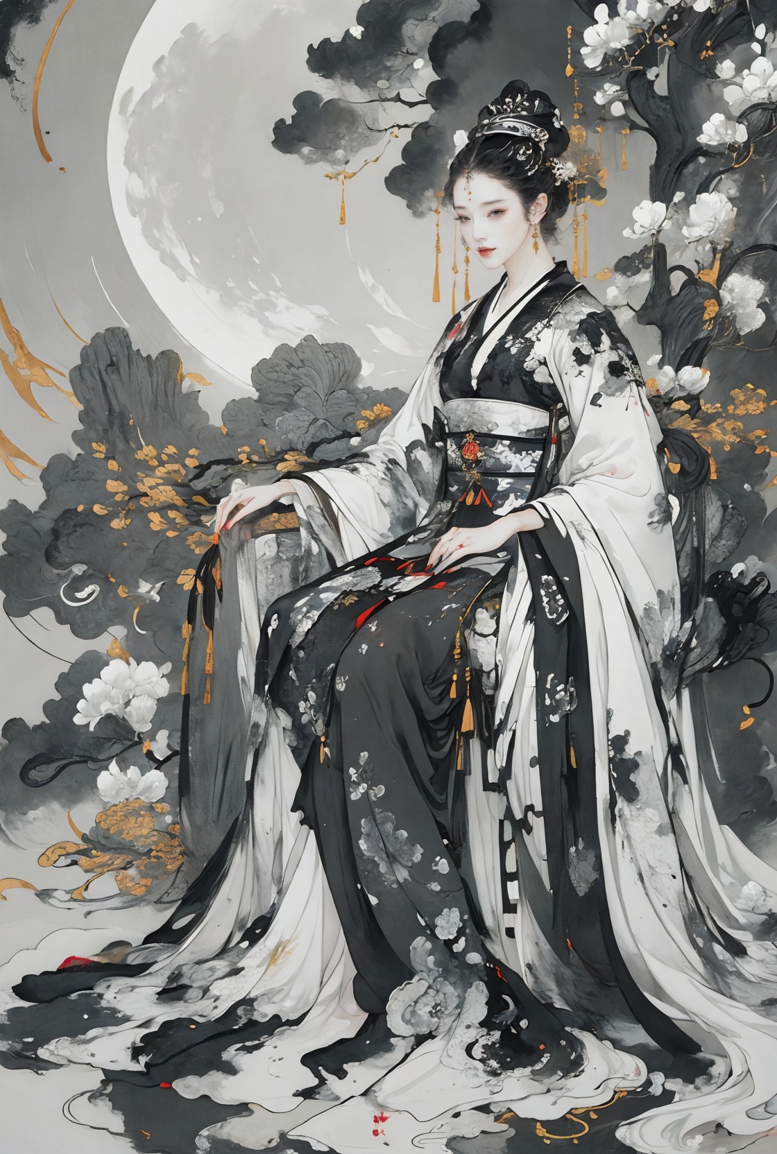 best quality, masterpiece, 8k, ultra high res, (photorealistic:1.4), highly detailed, intricate detail, delicate and beautiful, good lighting, professional lighting, sharp focus, detailed shadows, exquisite details and textures, depth of field, unity 8k wallpaper, 1girl,night, huge full moon, outdoor, Hanfu, full body, courtyard, branches, flowers, grass,(black and white ink painting:1.8)<lora:国风雅韵工笔_v1.0:0.4> <lora:安妮ani~红色汉服美丽小姐姐！_1.0:0.2> <lora:新国风x工笔_V1:0.2> <lora:柔金指Soft gold finger_1.0:0.2><lora:细节制造_V1:0.15>   <lora:NORFLEET  古风LORA_1.0:0.2>  <lora:GaelicPatternStyle:0.2> <lora:MarbleGoldWorld:0.3>