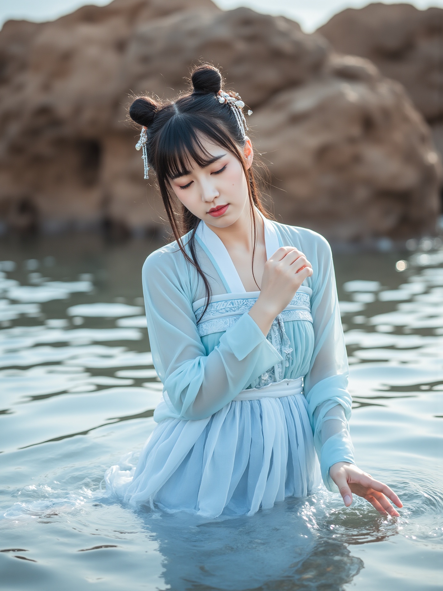 This is a photograph of a young Asian woman standing in shallow, clear water near a rocky coastline. She is of East Asian descent with a delicate, heart-shaped face and dark hair styled in intricate, traditional buns adorned with small, delicate hairpins. Her eyes are closed and she has a serene, contemplative expression. She wears a traditional Chinese qipao dress, a form-fitting, high-necked garment in a light blue hue with intricate embroidery and a sheer, flowing skirt. The fabric appears slightly transparent, revealing a white undergarment beneath. Her hands are submerged in the water, gently touching the surface. The background features rugged, brown rocks and a calm sea, with a soft, warm light suggesting a late afternoon or early morning setting. The photograph captures a tranquil, almost ethereal moment, emphasizing the beauty of nature and cultural attire.