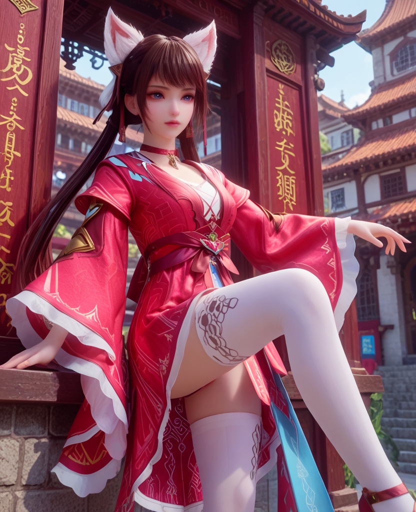 (oriental architecture, elegant decor, sophisticated style:1.1),(Leaning against a brick wall, one leg slightly bent, looking relaxed,:1.1),(breasts:1.2),<lora:XL宗门卧底姜雀:0.95>,miss jiangque,red dress,choker,blue eyes,mole under right eye,bangs,brown hair,twintails,fake fox ears,flare sleeveswhite lining,white thighhighs,sash,white lining,, score_9,score_8_up,score_7_up,score_6_up,score_5_up,score_4_up,3d rendering,tag1,tag2, Cinematic Lighting,backlighting,