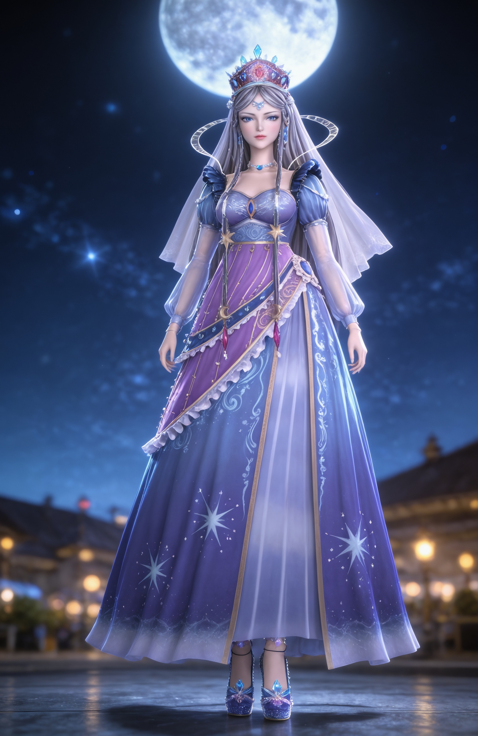 <lora:叶罗丽魔法-时希Pony:0.8> 1girl, long hair, jewelry, grey hair, big eyes,eyelashes,makeup,necklace, blue dress, see-through, long sleeves, puffy sleeves, blue eyes, see-through sleeves, purple dress, braid, veil,high heels,blue footwear, realistic style photo,outstanding style,adding a touch of dimension to your images without compromising details,whirls of vapor,ethereal ambiance,delicate details,magical atmosphere,concept art,highly detailed,ultra-high resolution,32K UHD,sharp focus,best-quality,masterpiece,golden hour,unconventional supreme masterpiece,masterful details,temperate atmosphere,with a high-end texture,in the style of fashion photography,magazine style,Dynamic Angle,Dynamic posture,(cowboy_shot:1.2),depth of field,lens flare,extreme aesthetic,masterpiece,best quality,good quality,newest,year 2025,very aesthetic,absurdres,Visual impact,A shot with tension,ultra-high resolution,32K UHD,sharp focus,best-quality,masterpiece,Emotionalization,unconventional supreme masterpiece,masterful details,temperate atmosphere,with a high-end texture,in the style of fashion photography,(Visual impact:1.2),giving the poster a dynamic and visually striking appearance,, 1girl,solo,shiny,shiny_hair,upper_body,fair_skin,white_skin,shiny_skin,shiny,Ivory_skin,looking at viewer,cinematic lighting,volumetric lighting,solo focus,blurry background,depth of field,night,sky,night sky,full moon,moonlight,