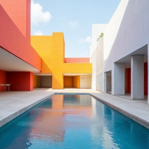 murocolor,  an interior courtyard with colored walls and a reflecting pool,  open sky above by user_915539910113382821 on...