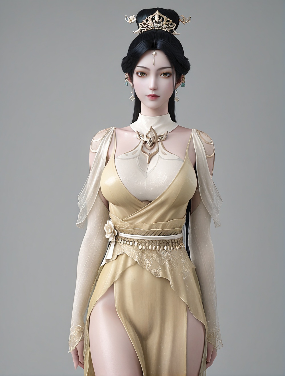 fair_skin,white_skin,Ivory_skin,score_9,<lora:SF_CaiJinJian_Pony_XXM-000004:0.7>,yellow dress,hair ornament,black hair,1girl,breasts,large breasts,standing,solo,looking at viewer,simple background,cowboy_shot,