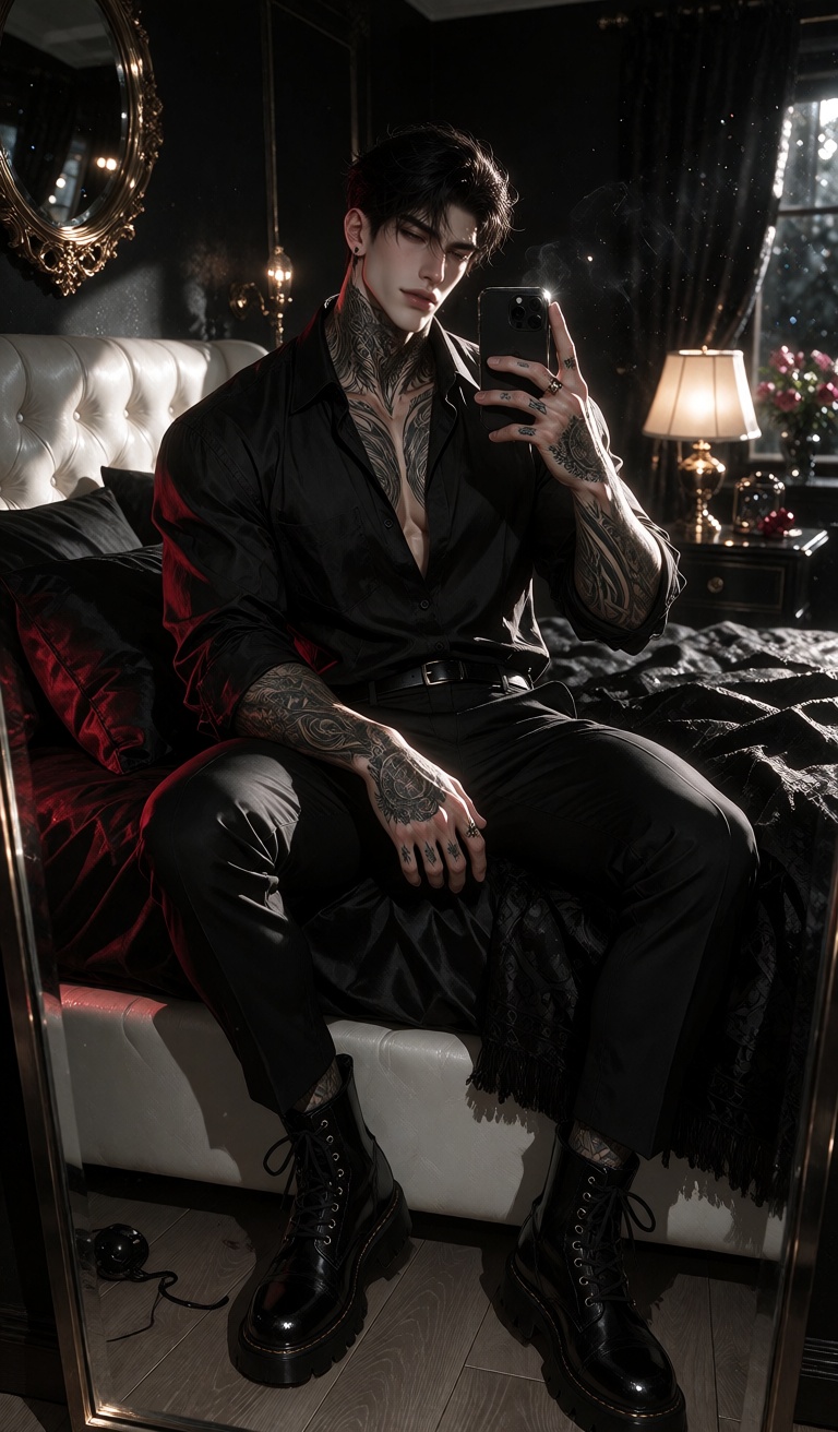 A man with dark hair and intricate black tattoos on his neck,  arms,  and hands sits casually on a bed draped in black lin...