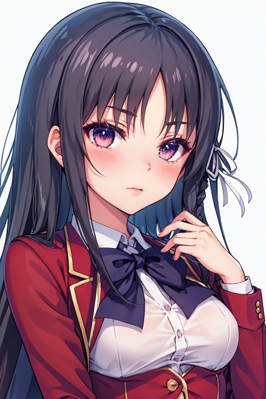 masterpiece,best quality, highly detailed, horikita suzune,1girl,solo,school uniform,medium breasts,blush,looking at viewer,hair ribbon,braid<lora:horikita_suzune:1>,simple background,white background