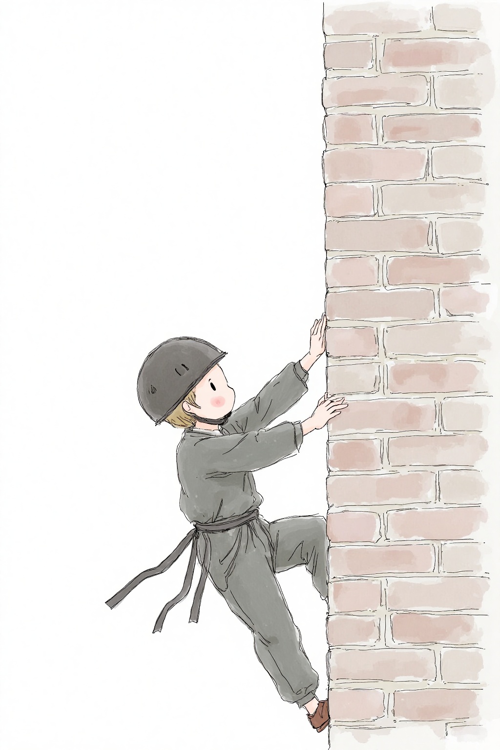 beijihui,A black and white drawing of a person climbing a brick wall. The person is wearing a black helmet with a black belt around their waist. The wall is made up of red bricks. There is a white background behind the person.,