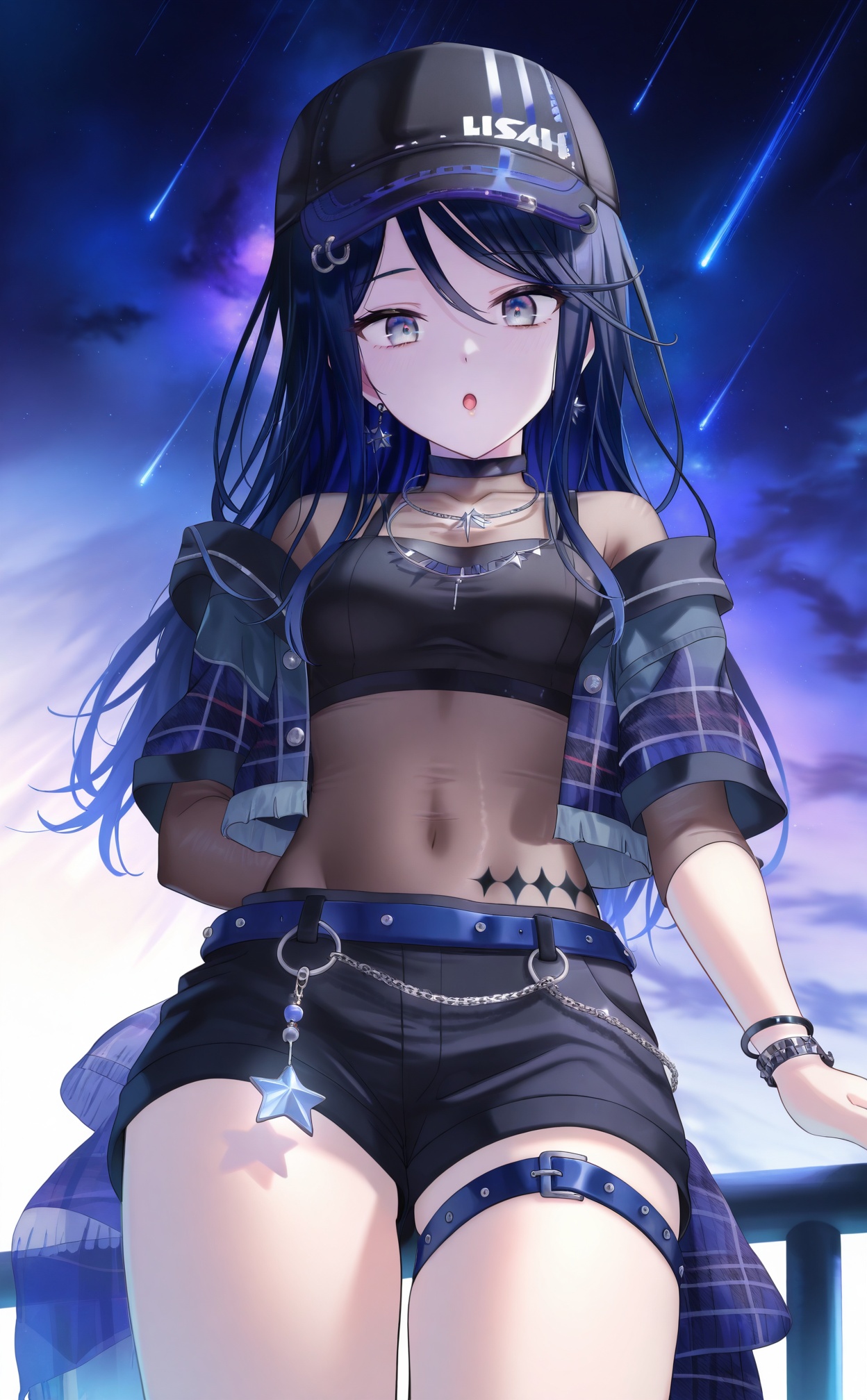 masterpiece,absurdres,best quality,high quality,chromatic_aberration,//,1girl,star_earrings,shorts,jewelry,solo,black_hair,long_hair,hat,black_shorts,baseball_cap,jacket,thigh_strap,earrings,see-through,black_headwear,blue_belt,star_\(symbol\),breasts,looking_at_viewer,bodystocking,belt,:o,chain,bracelet,looking_down,crop_top,open_mouth,star_\(sky\),white_background,grey_eyes,open_jacket,choker,swept_bangs,cowboy_shot,blue_nails,from_below,open_clothes,covered_navel,short_shorts,nail_polish,simple_background,cross-laced_clothes,necklace,navel,black_camisole,midriff,see-through_shirt,starry_sky,hair_between_eyes,fingernails,gradient_hair,layered_sleeves,black_shirt,black_choker,cropped_jacket,multicolored_hair,purple_nails,long_sleeves,dot_nose,undershirt,blue_jacket,nebula,thighs,sky,shirt,plaid_jacket,black_eyes,official_alternate_costume,belly_chain,black_jacket,starry_background,short_sleeves,fishnet_top,standing,fishnets,//,//,<lora:timmoo——【CKXL】hans:1>,