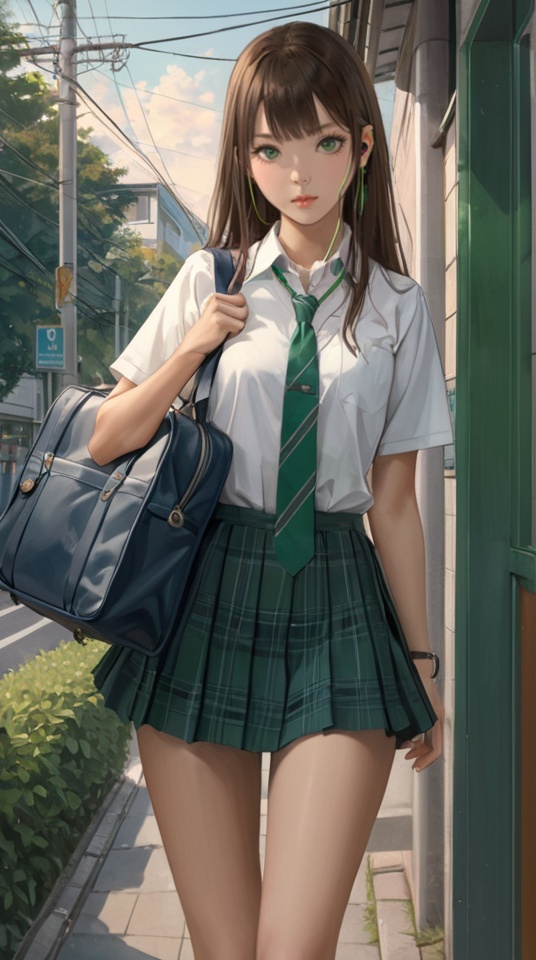 (best quality), ((masterpiece)), (highres), illustration, original, extremely detailed,   <lora:ACG ART3_XL:0.7>1girl, solo, shibuya rin, long hair, green eyes, necktie, earphones, school uniform, bag, looking at viewer, jewelry, brown hair, school bag, earrings, skirt, earbuds