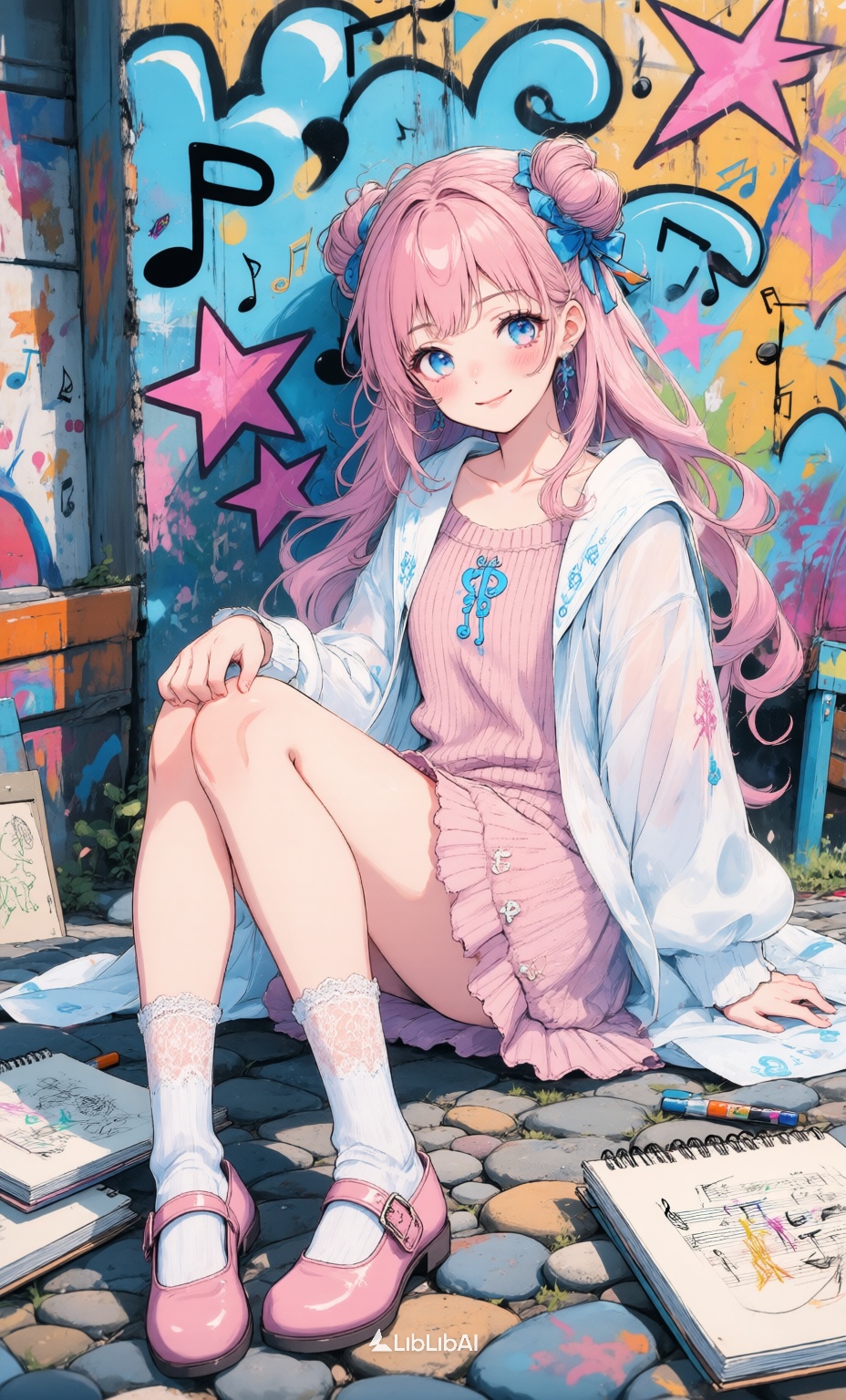 治愈系动画,在一个充满五颜六色的鹅卵石的艺术区的角落,一个穿着塞拉菲娜服装的表演者舒适地盘腿坐在地上,她的粉红色长发被绑在两个低矮的bun头中,并用形成蝴蝶结的蓝色丝带固定在适当的位置,几条松散的线形成了她的脸,她的蓝眼睛像新月一样弯曲,脸上带着温柔的微笑,在她的眼睛下面,有蓝色的亮点,她的嘴唇是柔和的粉红色,她穿着一件浅粉色针织连衣裙,上面有蓝色音符刺绣,还有一件宽松的白色雪纺斗篷,在风中轻轻流淌,她用白色蕾丝中段袜子和粉红色的Mary Jane鞋来完成外观,在她旁边,散落着几本素描本,里面充满了音乐涂鸦和彩色标记,她用双手握住膝盖,将头朝相机倾斜,在她身后,一面充满活力的涂鸦墙以蓝色的大音符和粉红色的星星为特色,营造出印度风格的轻松艺术氛围,, Negative prompt: ng_deepnegative_v1_75t,(badhandv4:1.2),EasyNegative,(worst quality:2),多手指,多手臂,多脚,,nsfw, Steps: 28, Sampler: Euler, CFG scale: 3.5, Seed: 2176428398, Size: 928x1536, Model hash: 98763a1277, Model: Qwen-Image_1.0.safetensors, Denoising strength: 0, RNG: CPU, Lora 1: 治愈系动画, Lora Hash 1: f84af1927a, Lora Weight 1: 0.9, vae_name: automatic