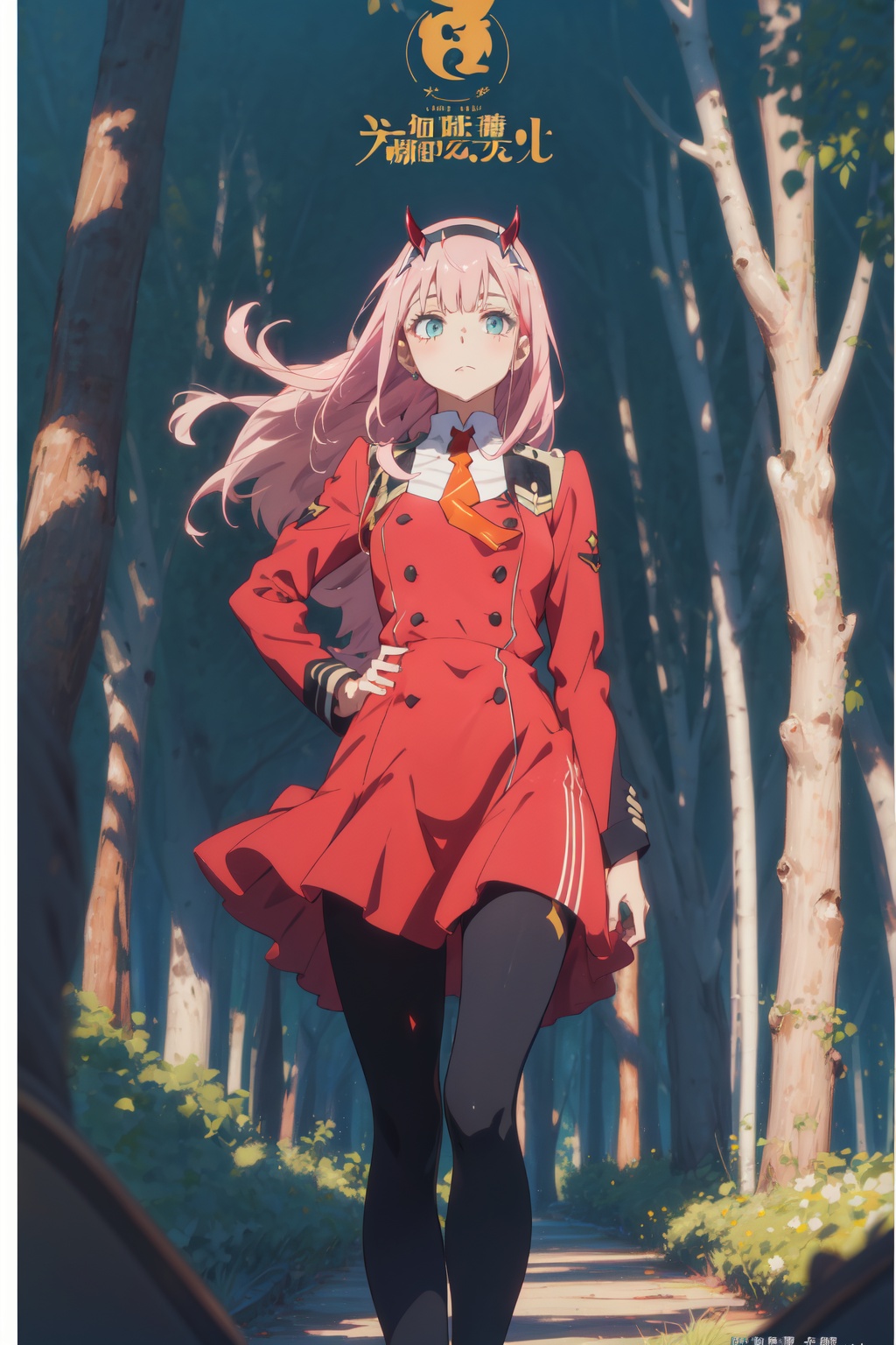 1girl,looking at viewer,solo,long hair,pink hair,straight hair,bangs,white hairband,horns,green eyes,eyeshadow,uniform,military uniform,long sleeves,short necktie,orange necktie,dress,red dress,double-breasted,black pantyhose,anime coloring,02_CYQL,<lora:02:0.8:lbw=MIDD>,(smirk running panorama front view:1.1),beautiful face,beautiful eyes,glossy skin,shiny skin,Bamboo, Grove, Breeze, Peaceful, Tranquility, Nature, Serenity, Zen,Enchanted trees, Fireflies, Glowworms, Magic atmosphere, Twilight hues, Whispers of the forest,beautiful detailed sky,beautiful detailed glow,(movie poster:1.2),(border:1.3),(English text:1.4),posing in front of a colorful and dynamic background,masterpiece,best quality,beautiful and aesthetic,contrapposto,female focus,fine fabric emphasis,wallpaper,fashion,depth of field,intricate_detail,finely_detailed,fine_fabric_emphasis,glossy,<lora:增强减少细节add_detail:0.4>,
