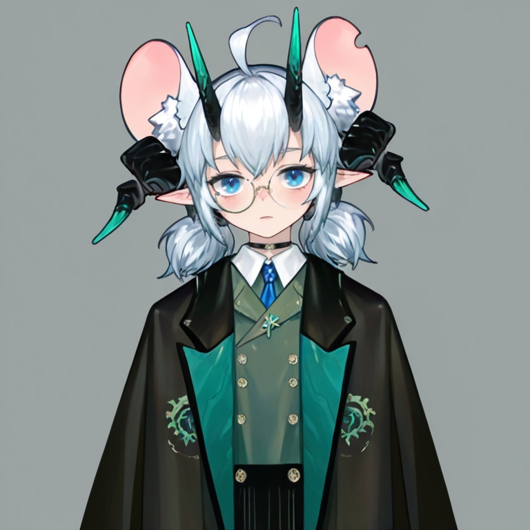 masterpiece, best quality,solo,(grey background:1.2),simple background,1girl,looking at viewer, monocle,glasses,round eyewear,  dajiaoshu_style,DK_zhengzheng_style,shuangweihuixing,mouse girl,rat ears,horns,blue eyes,pointy ears,ahoge,white hair,2 tails,animal ear fluff,demon tail,demon horns,short hair,twintails,<lora:双尾彗星-3.0-Ill20:0.8>
