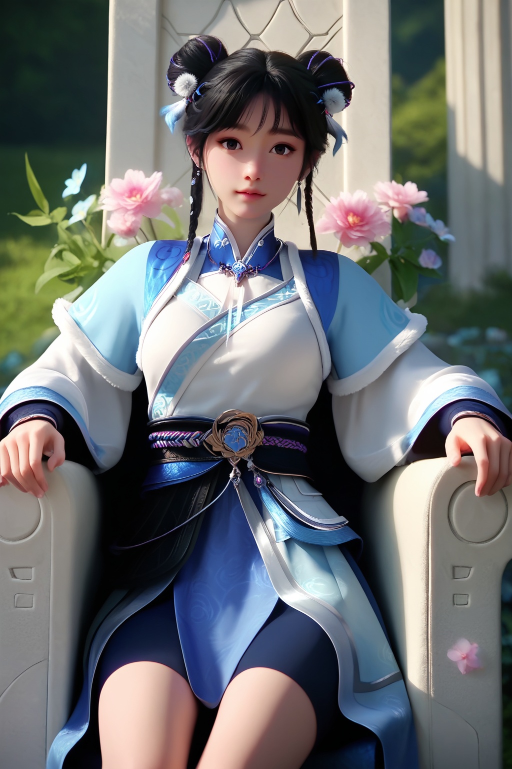 (Seated on a velvet throne, she dons a regal crown, exuding elegance and quiet power:1.2),looking at viewer,<lora:XL16神国之上宁小龄:0.85>,preteen girl,white short dress,blue bolero,black hair,braid,double bun,hair ornament,jewelry,sash,necklace,(large breasts:1.2),tree,flower,pink_flower,water,stone,flowers_Surrounded,pondel,, score_9,score_8_up,score_7_up,score_6_up,score_5_up,score_4_up,3d rendering,tag1,tag2, Cinematic Lighting,backlighting,