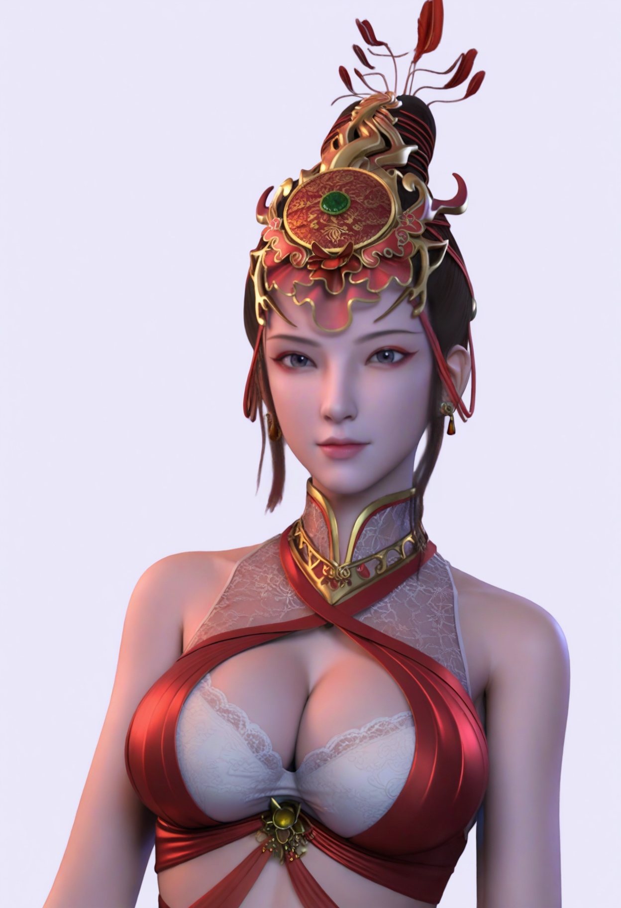 score_9,<lora:SF_TianNvRui_Pony_Realism2.3-000004:0.7>,hair ornament,eyeshadow,single hair bun,1girl,standing,breasts,large breasts,bare shoulders,bra,chinese clothes,cleavage cutout,solo,jewelry,earring,red ribbon,looking at viewer,white background,simple background,upper body,