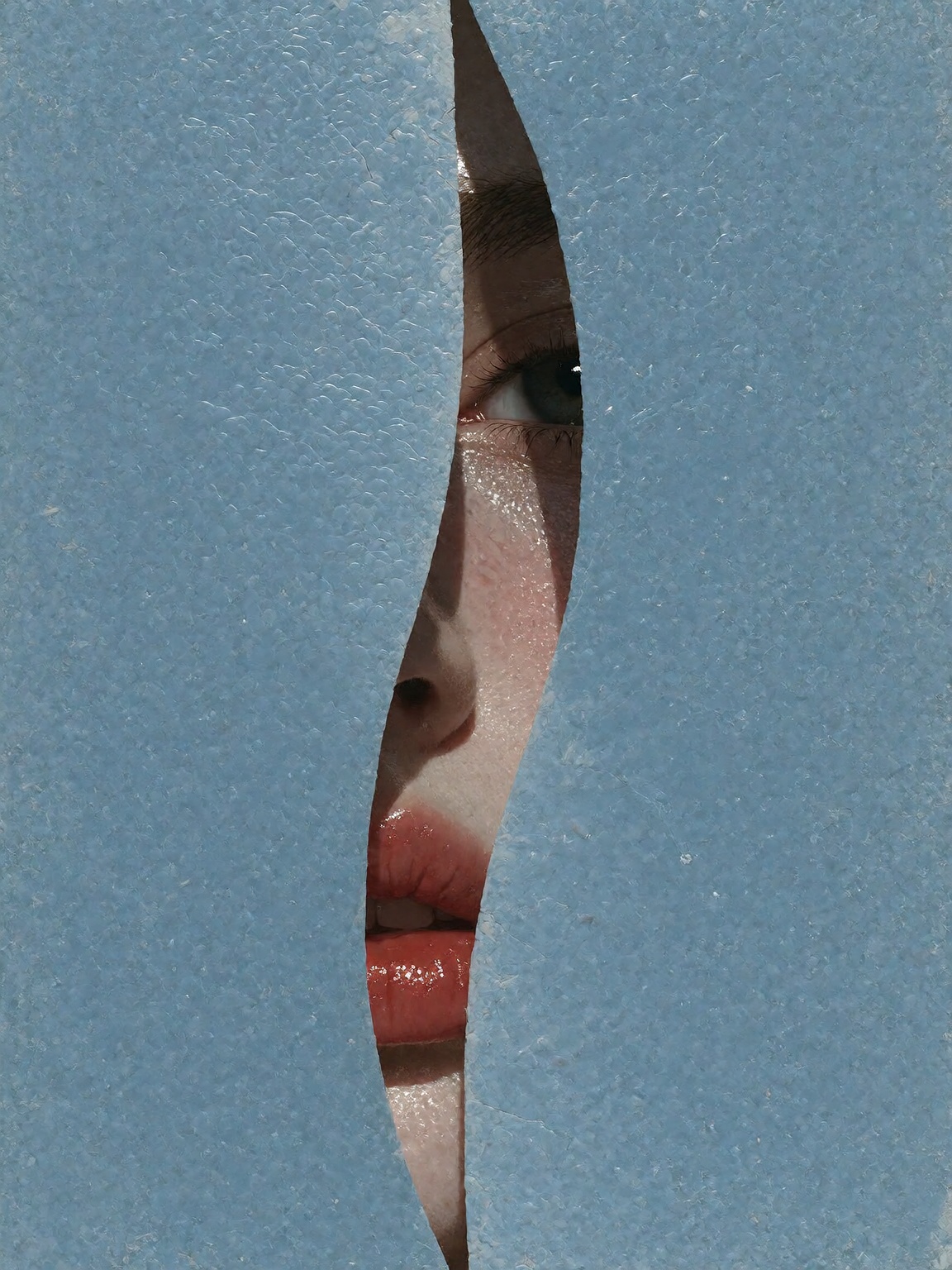 A minimalist surreal artwork of a textured light blue surface cut by a thin,  curved vertical slit. Peering through this n...