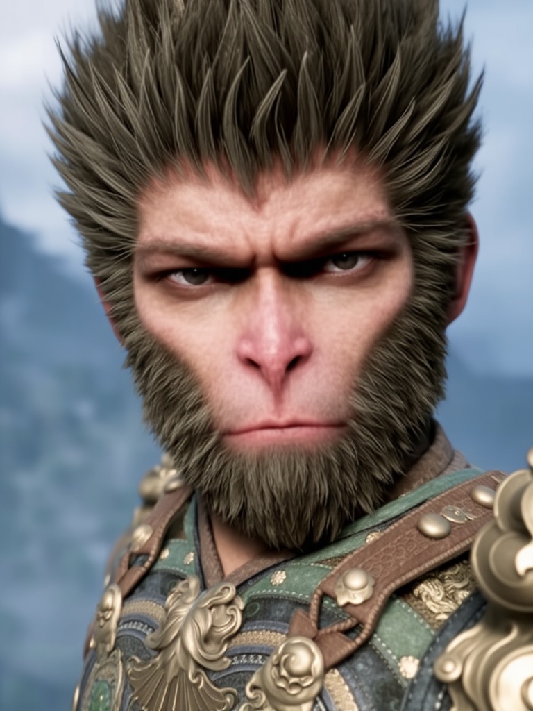wukong,  This is a highly detailed CGI image depicting a close-up of a humanoid character with a monkey-like face. The cha...