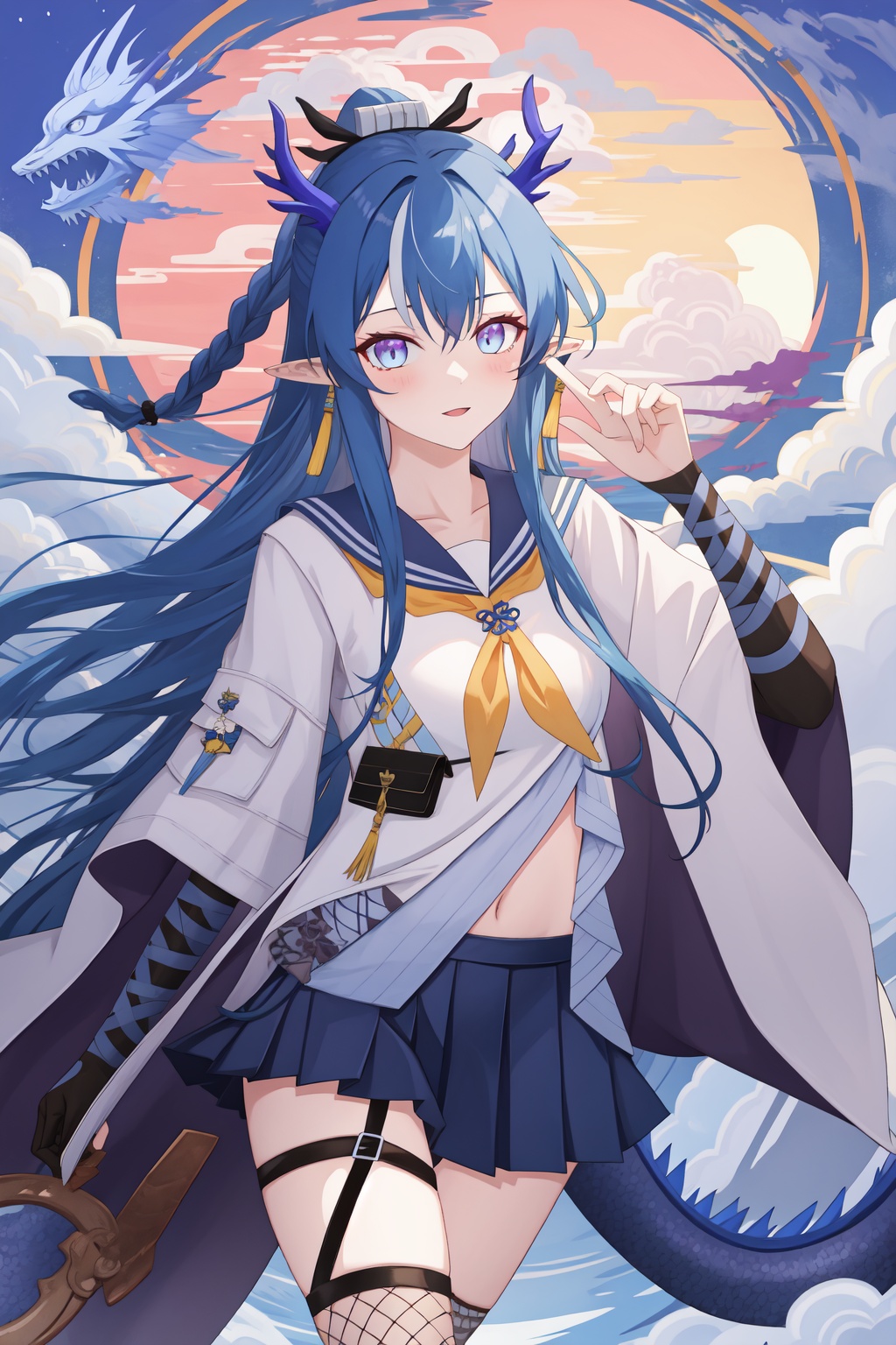 <lora:令:1:lbw=char>,ling,a girl named ling,blue hair,long hair,1girl,horns,pointy ears,dragon horns,blue eyes,school uniform,sailor dress,fishnet legwear,, (masterpiece,best quality:1.2),absurdres, high quality,