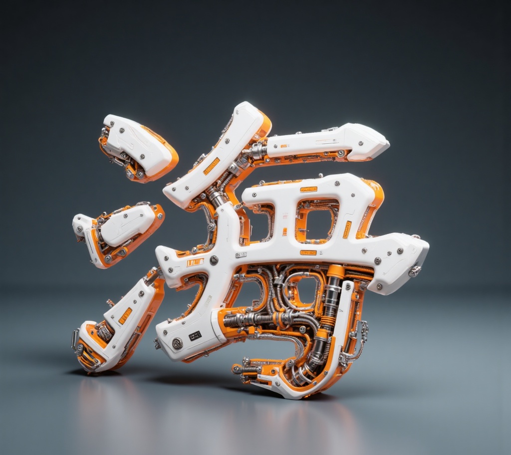 beijihui,The 3D structure of the Chinese character,the stroke structure is a power engine structure,composed of cables,bolts,hydraulic devices,with complex mechanical details,the font shell is white and orange metal material,sci-fi hard surface design,future technology sense,future mechanical style,industrial mechanical aesthetics,high-definition realistic rendering,solid color background,photographic level lighting,Octane rendering.,