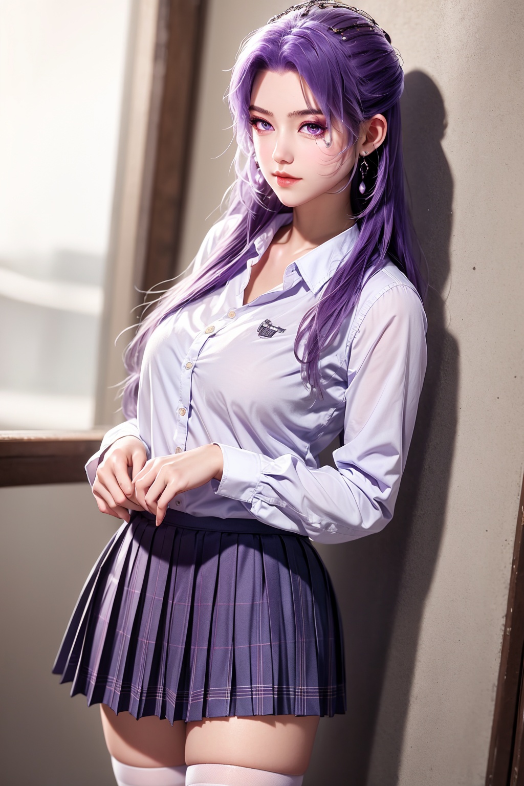 <lora:01云霄第一版:1>,1girl,purple hair,skirt,solo,thighhighs,purple eyes,long hair,shirt,white thighhighs,looking at viewer,white shirt,earrings,jewelry,collared shirt,plaid,plaid skirt,cowboy shot,long sleeves,pleated skirt,standing,school uniform,