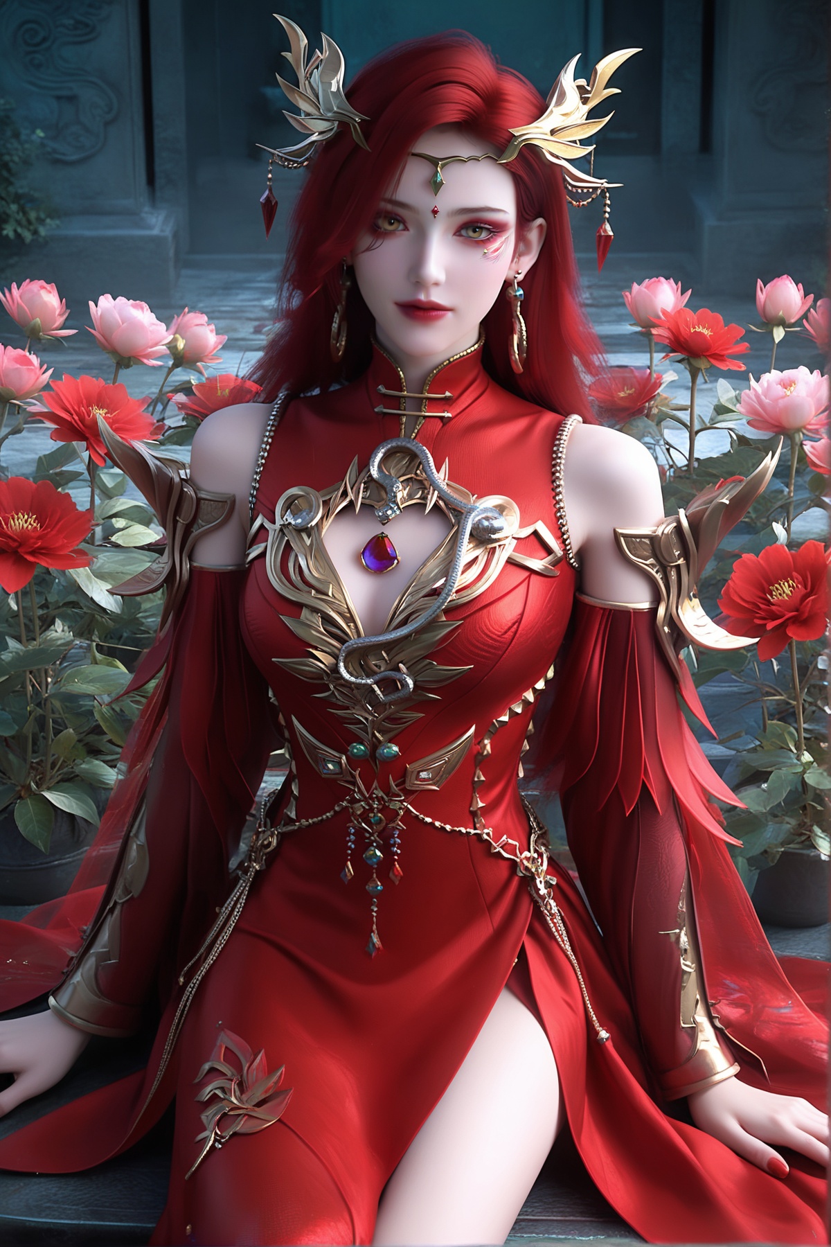 score_9,score_8_up,score_7_up,<lora:wy_xueyaonvwang_XL7.0:0.8>,1girl,earrings,jewelry,red hair,solo,red dress,long hair,breasts,dress,colored skin,hair ornament,clothing cutout,detached sleeves,teeth,pale skin,yellow eyes,dark,wetting,thick_thighs,sitting,flower,many flowers,very many flowers,on_ground,from_above,