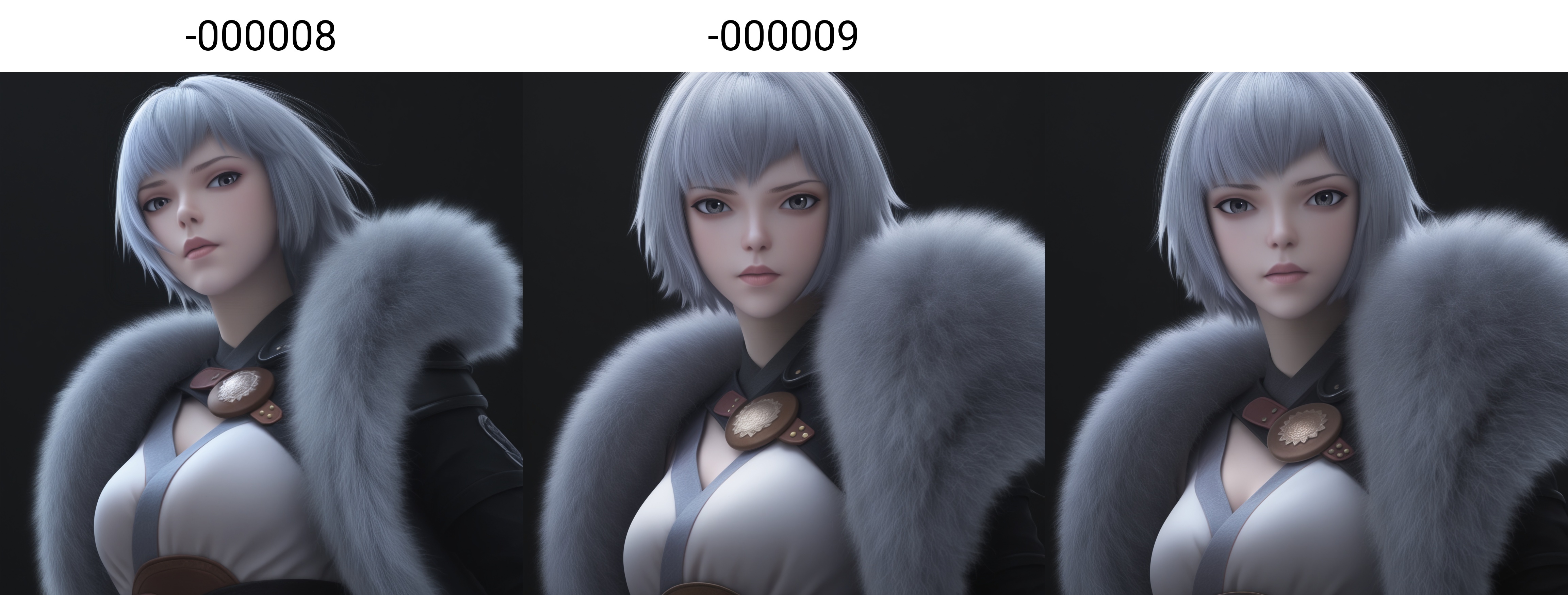 (score_9),masterpiece,best quality,absurdres,highres,(white_skin),(Ivory_skin),light_skin,BREAK<lora:白月魁-ill-000008:0.83>,name\(byk\),1girl,solo,short hair,grey hair,grey eyes,fur trim,single pauldron,cape,BREAKlooking at viewer,front view,fighting stance,upper body,face focus,BREAKsimple background,black background,