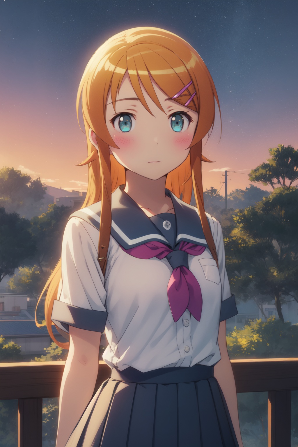 <lora:Kirino-000005:0.8>,Kirino cyql,1girl,looking at viewer,solo,long hair,orange hair,hairclip,hair ornament,aqua eyes,blush,school uniform,skirt,kousaka kirino's school uniform,Relieved, Mouth turned up slightly, eyes wide open, and a relaxed jaw.,panorama,beautiful face,beautiful eyes,glossy skin,shiny skin,Mountains, Mist, Dawn, Sky, Peaks, Trees, Serenity, Tranquility,(Bamboo shoots, Bamboo grove, Lantern-lit path, Evening stroll, Zen tranquility, Bamboo shadows:0.6),beautiful detailed sky,beautiful detailed glow,posing in front of a colorful and dynamic background,masterpiece,best quality,beautiful and aesthetic,contrapposto,female focus,wallpaper,fashion,