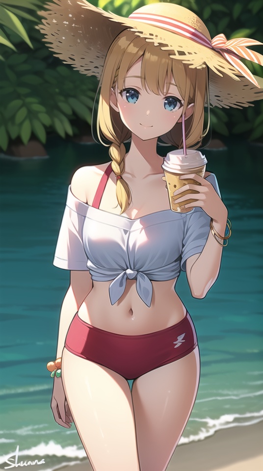 (best quality), ((masterpiece)), (highres), illustration, original, extremely detailed, <lora:yongyi4:0.8>yyds, 1girl, solo, hat, blue eyes, blonde hair, navel, holding, smile, shirt, cup, swimsuit, braid, bikini, looking at viewer, holding cup, red bikini, long hair, off-shoulder shirt, sun hat, off shoulder, disposable cup, jewelry, bracelet, single braid, water, white shirt, standing, drinking straw, cowboy shot, bangs, outdoors, blurry, signature, midriff, bikini bottom only, bare shoulders, closed mouth