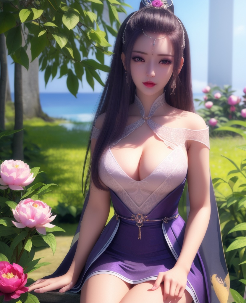 <lora:559-DA-少年歌行-月姬:0.8>(,1girl, ,best quality, ),looking at viewer,  ,,ultra detailed background,ultra detailed background,ultra realistic 8k cg, , ,masterpiece, (( , )),,, ultra realistic 8k cg, ,      ,peony \(flower\),(cleavage), (),
