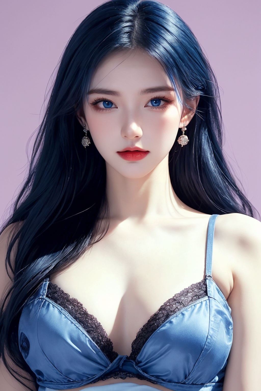1girl, blue eyes, blue hair, bra, breasts, cleavage, collarbone, earrings, floral print, grey background, jewelry, lace, lace-trimmed bra, lace bra, lace trim, large breasts, long hair, looking at viewer, solo, underwear, upper body ,(blue eyes and blue hair beauty:1.2)  <lora:蓝色:1>