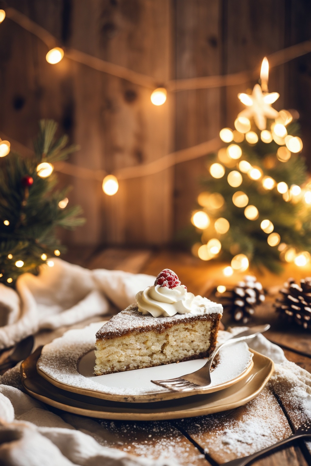 Food photography, a delectable slice of cake or dessert, garnished with a golden-brown caramelized top layer, white whipped cream, and sprinkled with powdered sugar. It's presented on a rustic plate with a vintage fork beside it. The backdrop features a warm, cozy setting with a beige fabric, a couple of pinecones, and a string of fairy lights, giving off a festive ambiance, masterpiece,best quality,