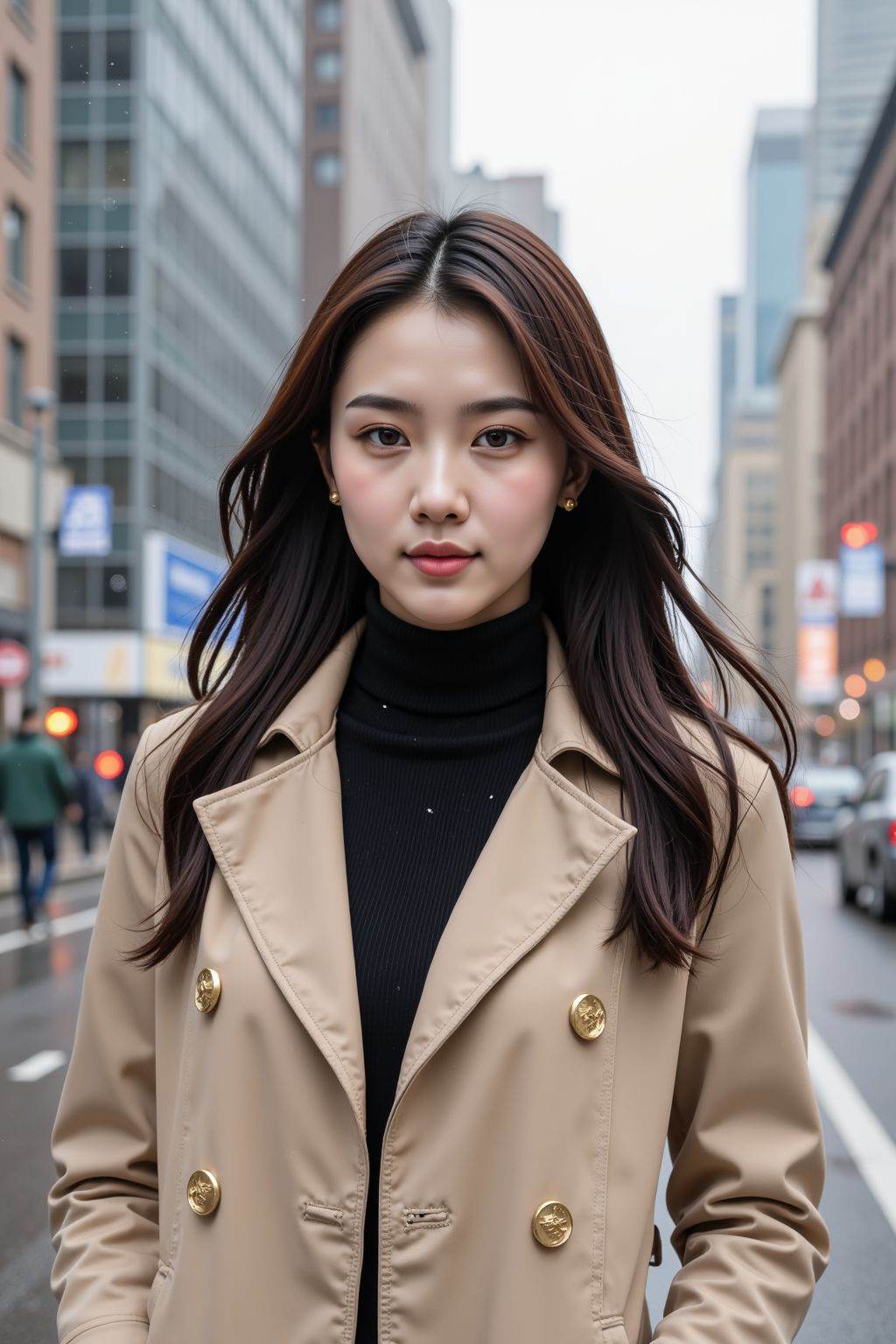 This is a high-resolution photograph of a young East Asian woman standing in a busy city street during a light snowfall. She has long, straight, dark brown hair that flows freely in the wind, and her expression is calm and composed, with slightly parted lips and a neutral gaze. She is wearing a chic, beige trench coat with gold buttons, over a black turtleneck sweater. The coat has a classic, tailored fit, and the fabric appears smooth and slightly shiny. Her makeup is subtle yet elegant, with a focus on natural tones that enhance her features.The background features tall buildings with glass windows and modern architecture, suggesting a metropolitan setting. The street is wet from the snow, and there are blurred, colorful lights from cars and street lamps in the distance, adding to the urban atmosphere. The overall mood of the image is cool and serene, capturing a moment of quiet contemplation amidst the hustle and bustle of the city. The photograph is well-composed, with the woman's figure prominently positioned in the foreground, and the blurred background adding depth and context to the scene.