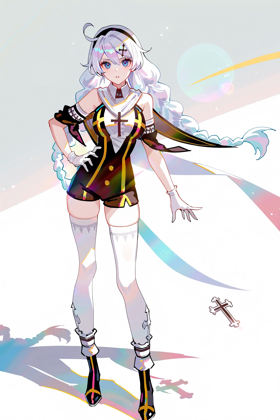 8k, best quality, masterpiece, (ultra-detailed), (high detailed skin), ((artist:reoen),(artist:fuzichoco),(artist:atdan),(artist:torino_aqua),year 2024:0.8)1girl, [artist:wlop], [artist:ningen_mame], artist:ciloranko, [[artist:rhasta]], artist:tidsean, colorful, detailed light, light leaks, sunlight, bokeh, blurry foreground, ray tracing, lens flare, cinematic lighting, full body, full shot, standing, looking at viewer, (solo:1.2), simple background, (white background:1.2), hand on own hip, (white background:1.1), <lora:kiana-young-noob-Tanger:0.8>, kiana kaslana, shennv, shennv clothes, 8th clothes, 1girl, nun, braid, twin braids, bare shoulders, bangs, boots, white thighhighs, gloves, hair ornament, long hair, black hairband, 