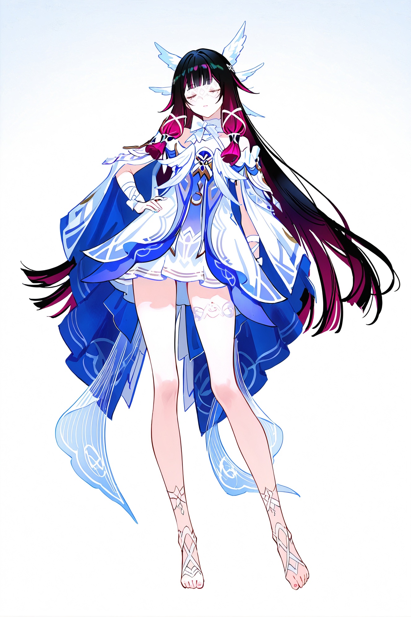 8k,best quality,masterpiece,(ultra-detailed),(high detailed skin),((artist:reoen),(artist:fuzichoco),(artist:atdan),(artist:torino_aqua),year 2024:0.8)1girl,[artist:wlop],[artist:ningen_mame],artist:ciloranko,[[artist:rhasta]],artist:tidsean,colorful,full body,full shot,standing,(solo:1.2),simple background,(white background:1.2),hand on own hip,(white background:1.1),looking at viewer,<lora:Columbina-will-Tanger-000014:0.8>,Columbina \(Genshin Impact\),closed eyes,clothes: Columbina def white dress,Columbina def hair ornament,Columbina's netting eye mask,1girl,long hair,bangs,black hair,multicolored hair,white dress,