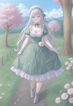 best quality, masterpiece,1girl, solo, dress, long hair, breasts, full body, smile, cleavage, green dress, flower, looking at viewer, skirt hold, short sleeves, white hair, boots, grey footwear, white background, bangs, frills, yellow flower, puffy sleeves, bonnet, very long hair, standing, purple eyes, simple background, puffy short sleeves, closed mouth, medium breasts ,outdoors, scenery, sky, day, cloud, grass, tree, nature, blue sky, mountain, landscape, forest, road, sky, cherry blossoms, cloud, outdoors, blue sky, day, scenery, tree, fence, petals, chain-link fence, spring (season), tiles  <lora:poireXLlokr4f-000287:0.7>