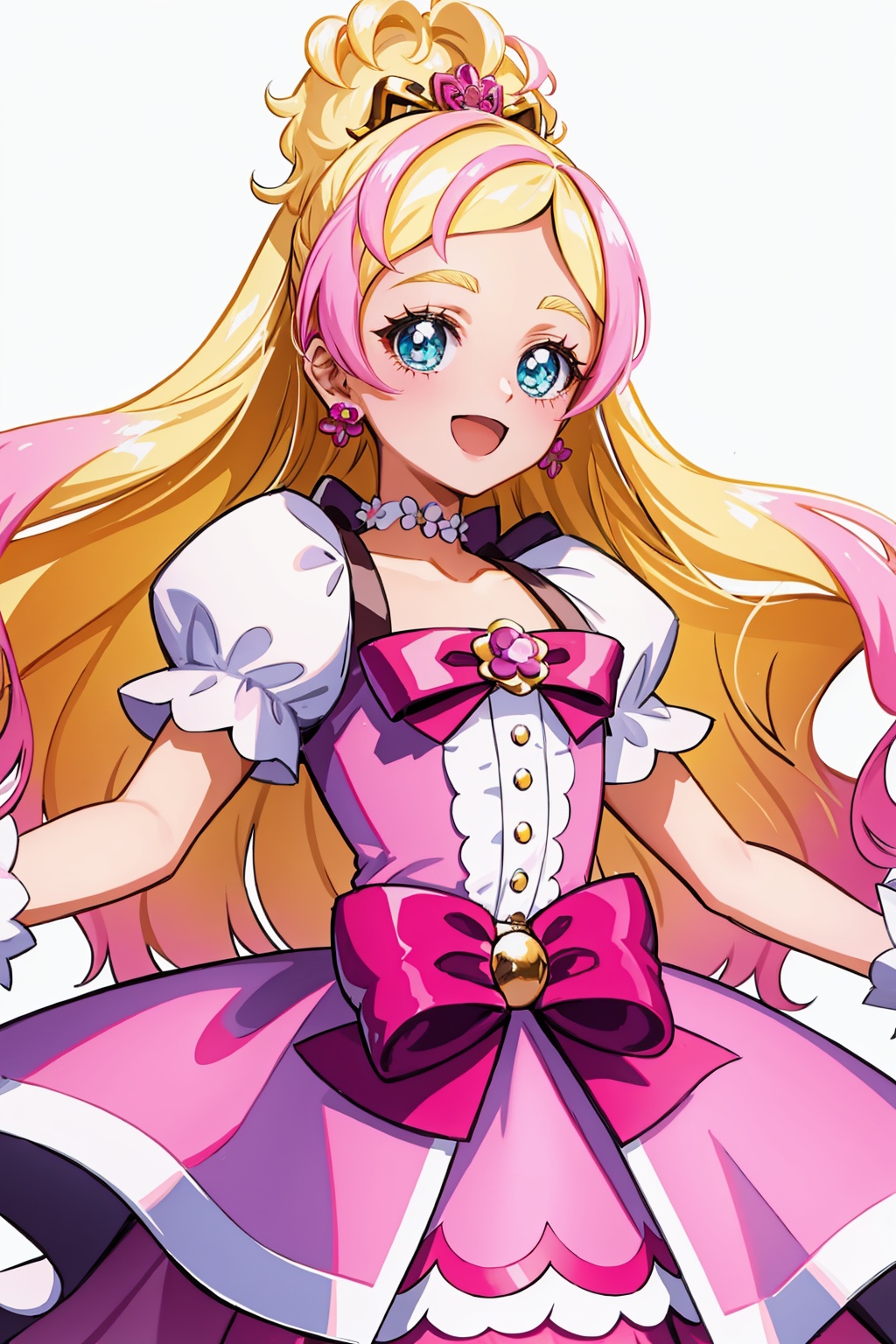 masterpiece,best quality, highly detailed, cure flora,1girl,solo,magical girl,white gloves,waist bow,flower earrings,pink skirt,pink bow,choker,puffy sleeves,looking at viewer,open mouth,:d<lora:cure_flora:1>,simple background,white background