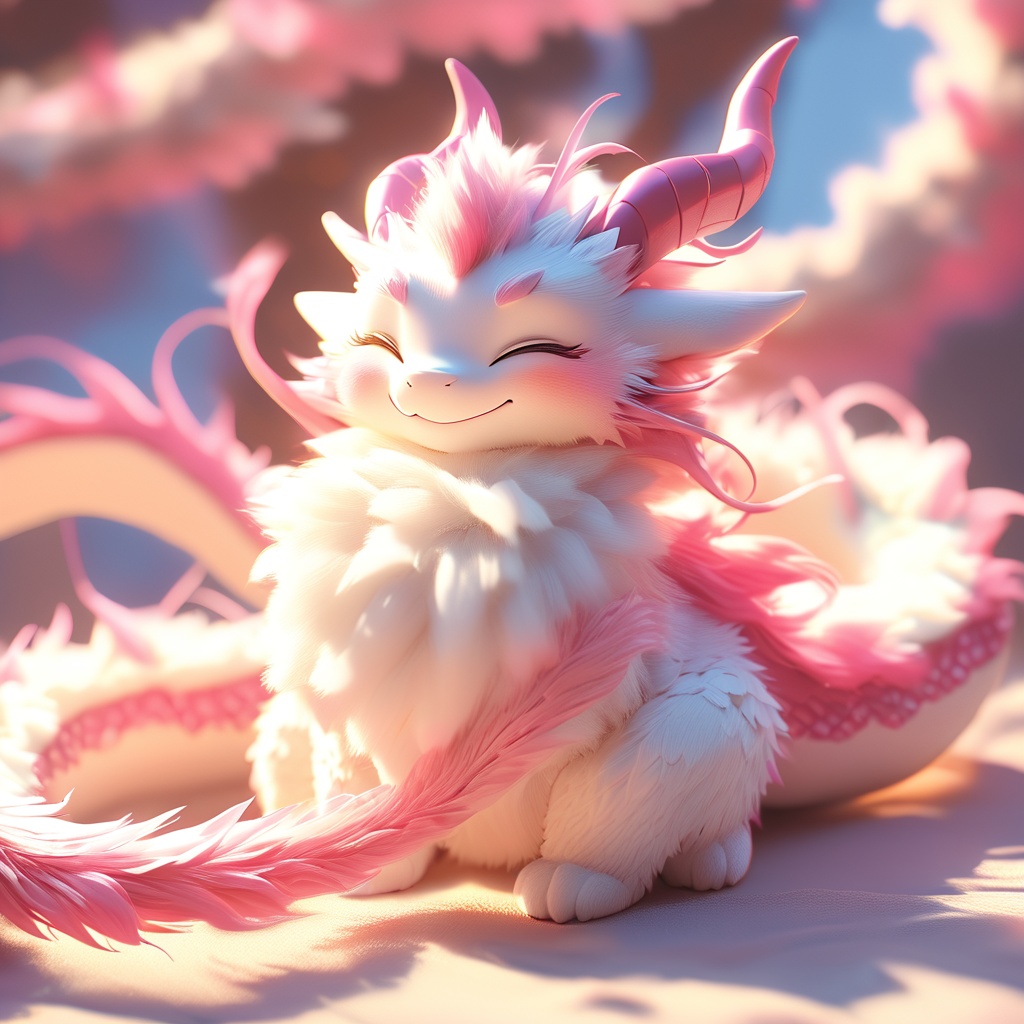 dragon boy, dragon, soft lighting, white fur, whimsy and dramatic lighting, warm colors, mf-movie-filter, cc-color-correction, cute, whiskers, light particles, sunlight, dragon focus, fluffy, horns, no humans, closed eyes, solo, smile, blurry background, blurry, closed mouth, full body,<lora:furry_dragon_baby_xl:0.8>