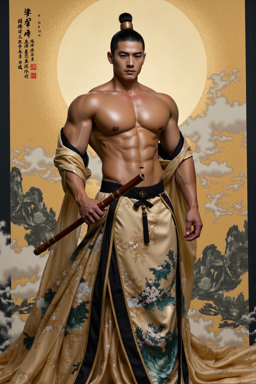 asain man,A muscular martial artist swathed in brocade with cloud-**** patterns,his sleeves fluttering **** splashed ink landscapes. A jade-inlaid bamboo flute hangs from his waist,and behind him unfolds a hundred-meter-long scroll of splashed-color mountain and river paintings. The interweaving of cold moonlight and the shimmering golden strokes within the scroll unfolds a chivalrous legend spanning the martial world...jzns,wak,double-exposure,
